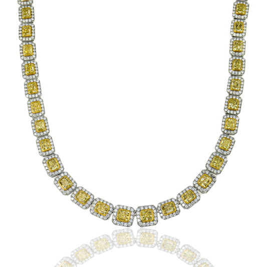 18K White Gold Fancy Yellow Diamond Square Link Chain 38.72Ct Necklace