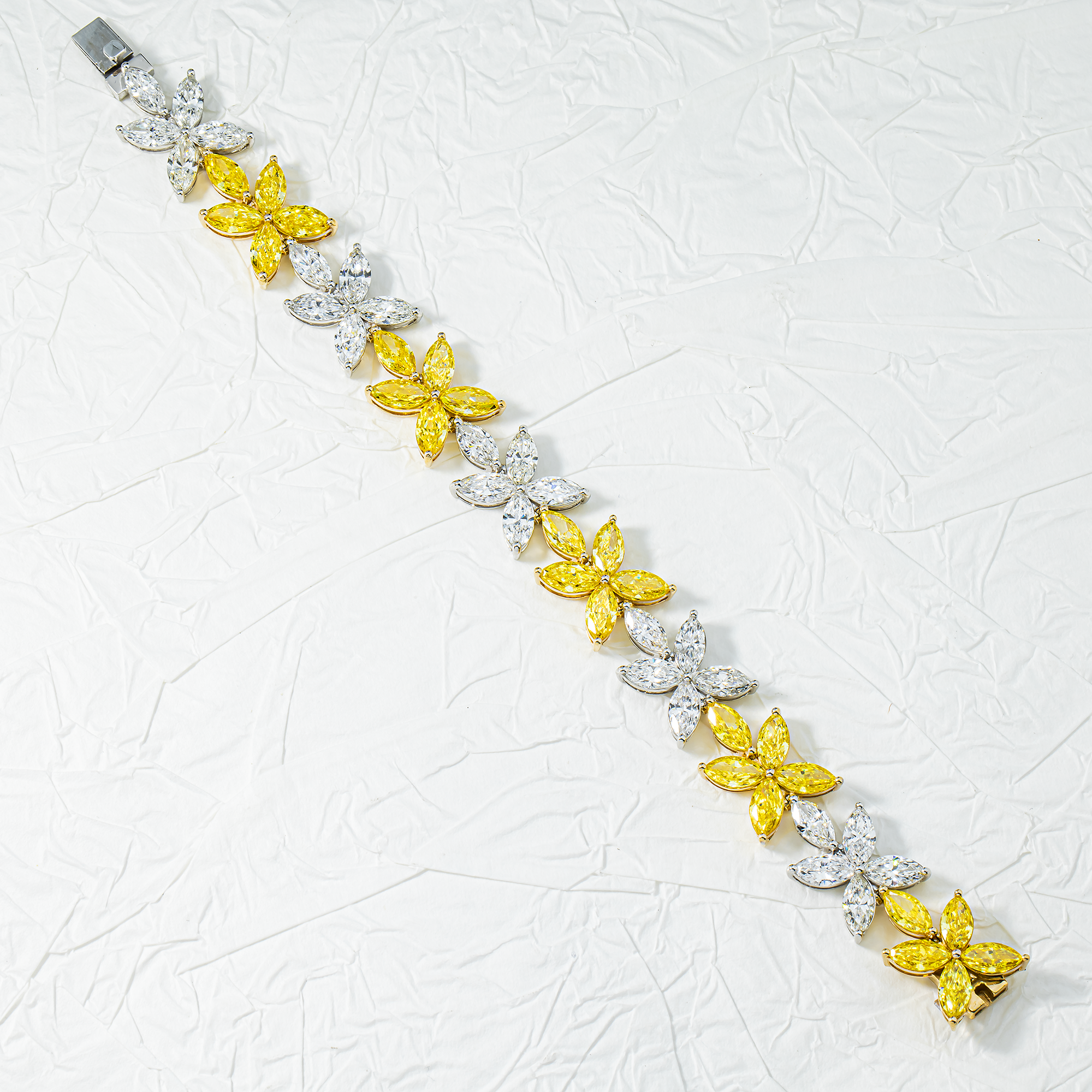 14K Two Tone Marquise Fancy Yellow Diamond Flower Bracelet 31.12ct