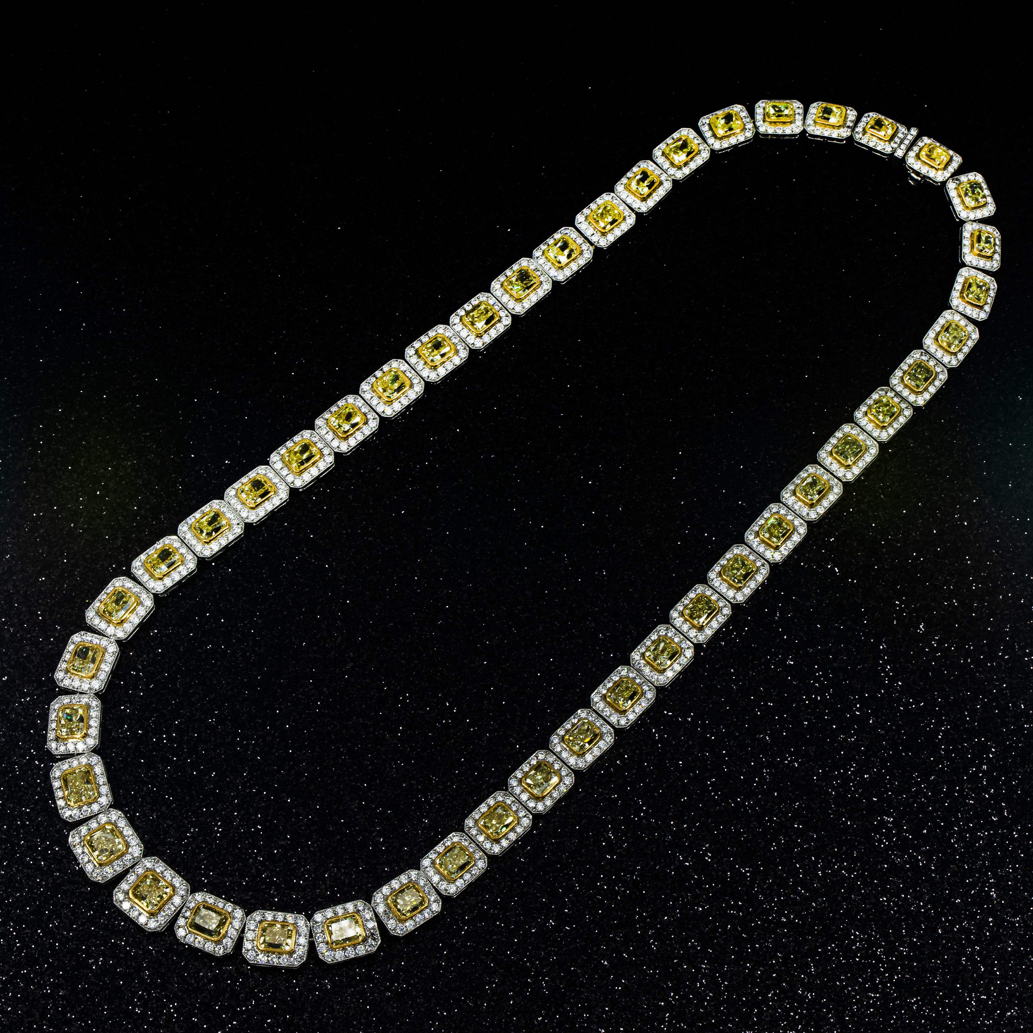 18K White Gold Fancy Yellow Diamond Square Link Chain 38.72Ct Necklace