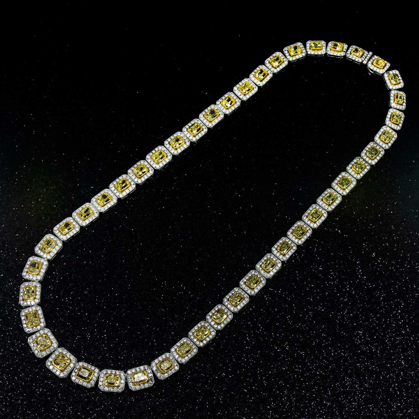 18K White Gold Fancy Yellow Diamond Square Link Chain 38.72ct