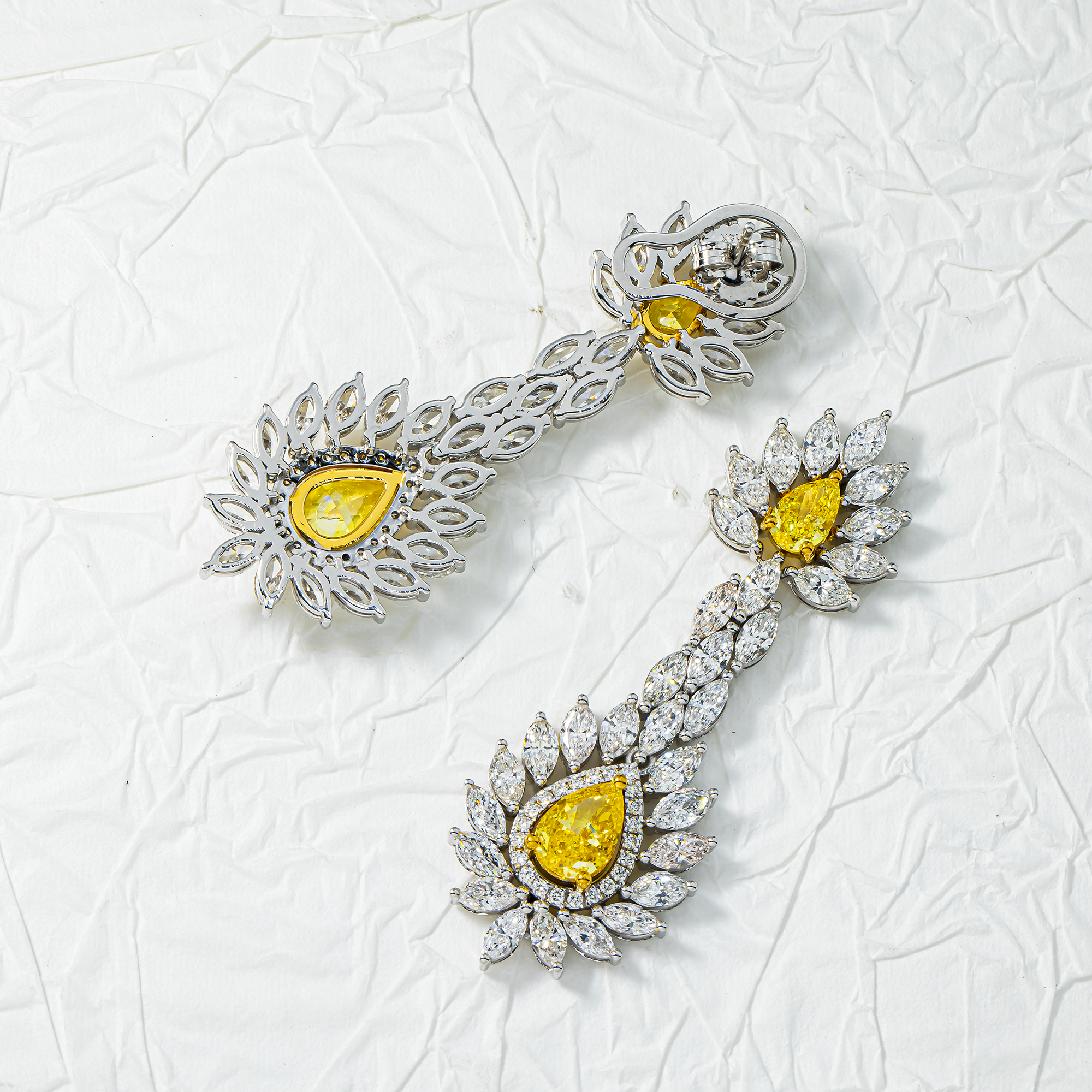 14K White Gold Multi Cut Fancy Yellow Drop Earrings 13.64ctw