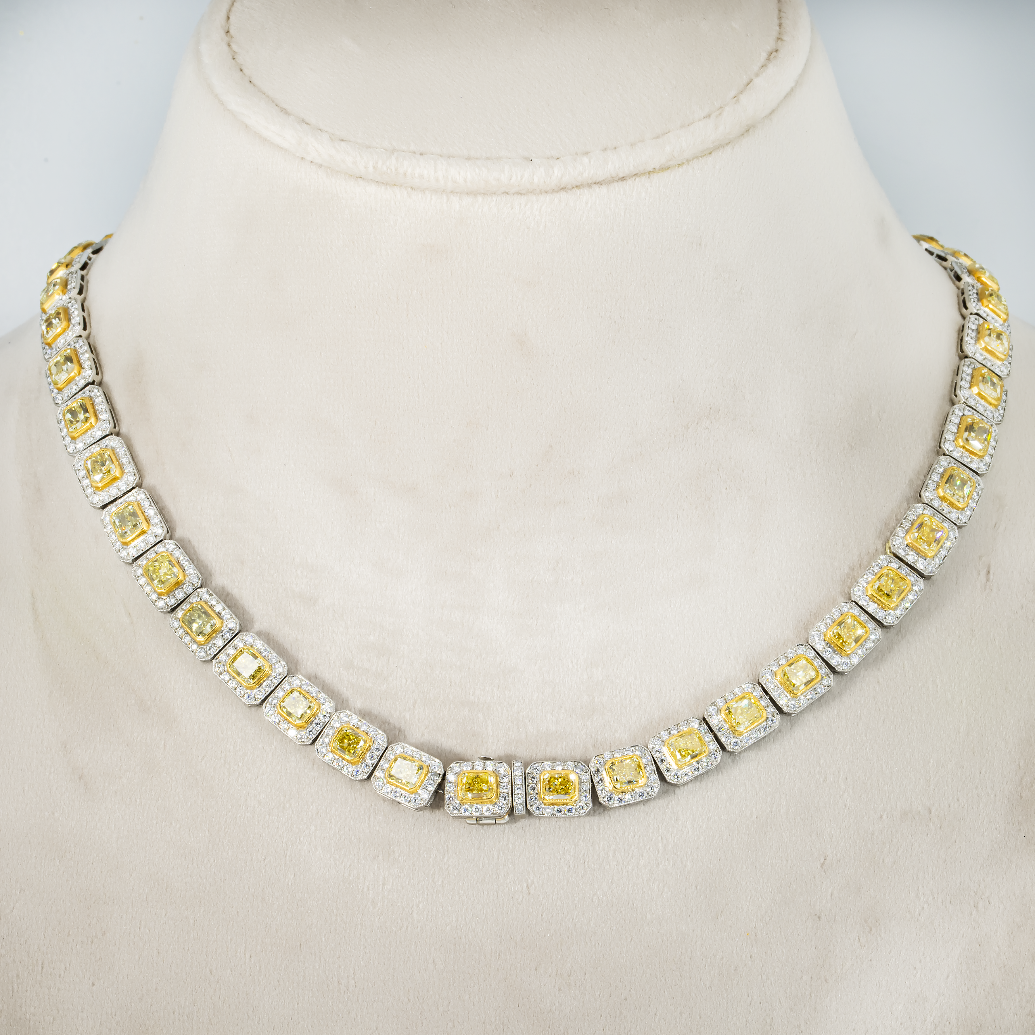 18K White Gold Fancy Yellow Diamond Square Link Chain 38.72Ct Necklace