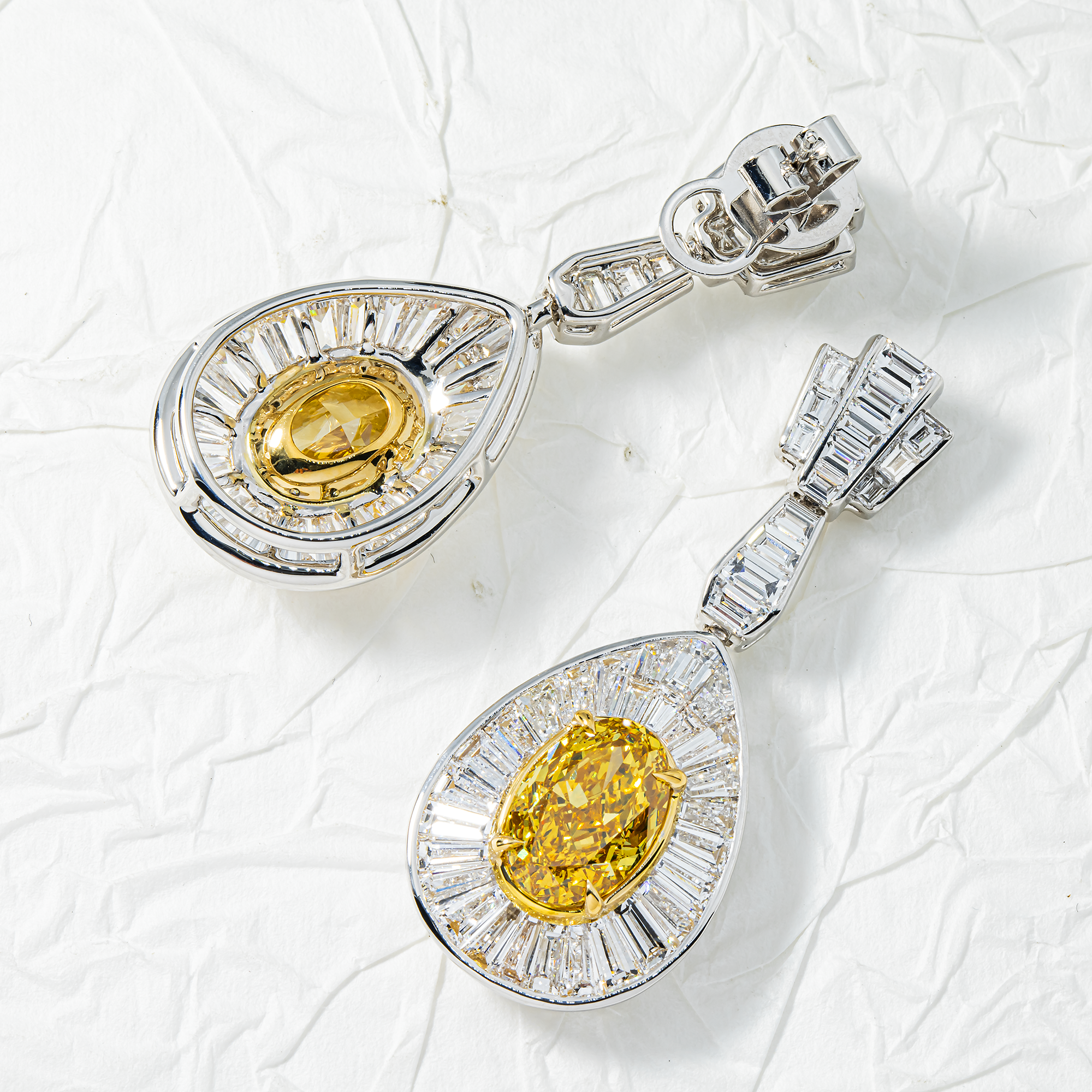 IGI 18K White Gold Fancy Vivid Yellow Oval & Baguette Drop Earrings 19.05ct