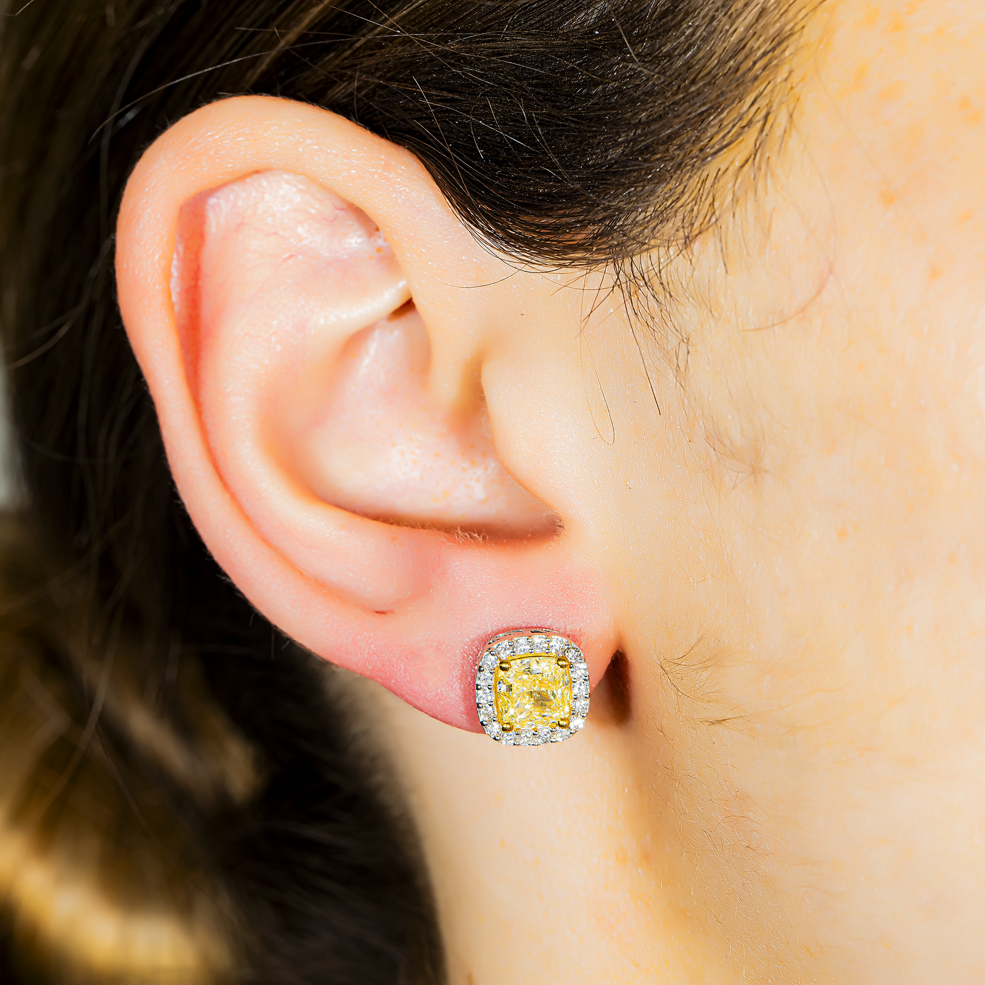 14K Two Tone Cushion Cut Fancy Yellow Diamond Stud Earrings 3.68ctw