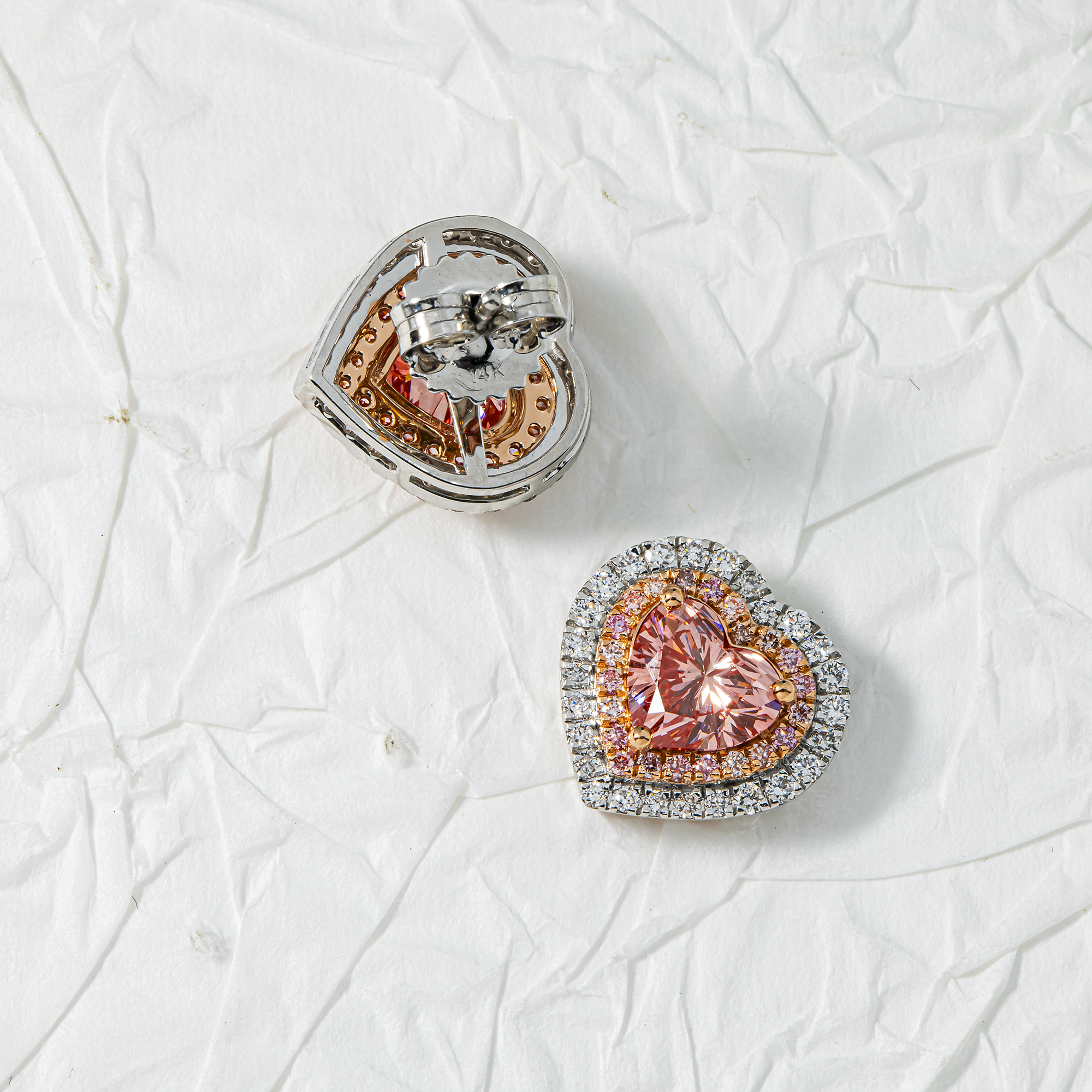 14K Two Tone Fancy Pink Heart Shape Diamond Stud Earrings W/ Halo 2.97ctw