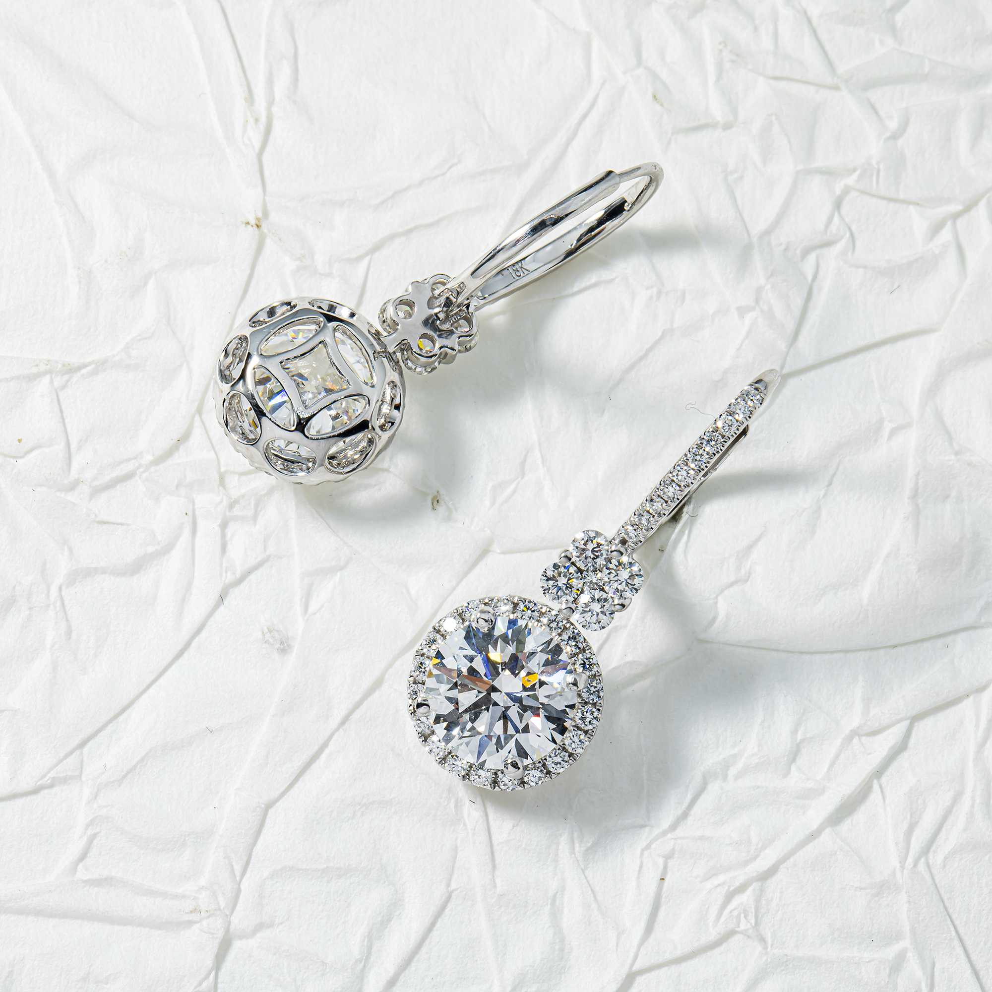 IGI 18K White Gold Round Diamond Drop Earrings w/ Halo 4.92ctw