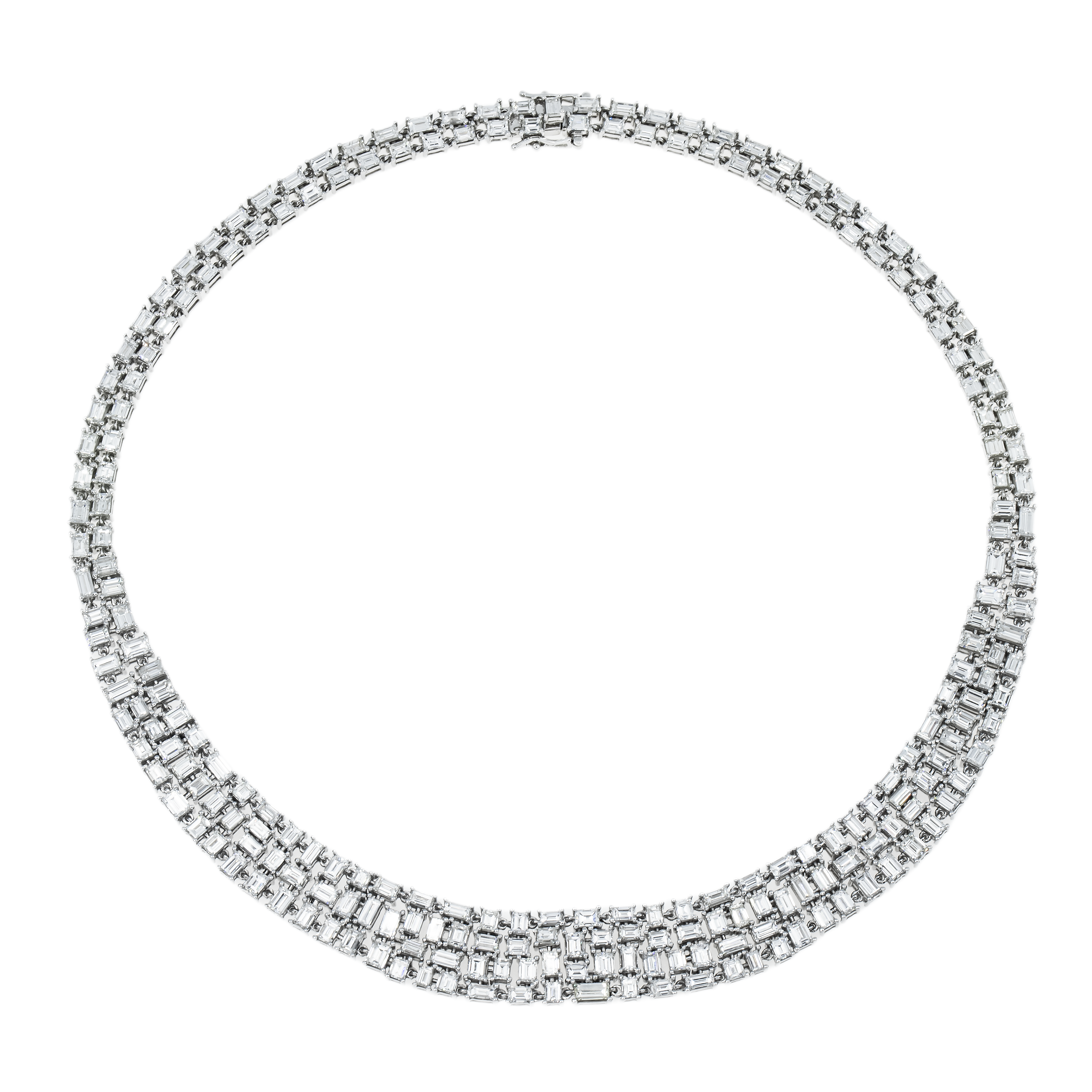 14K White Gold Emerald & Baguette Diamond Necklace 34.60Ct Necklace