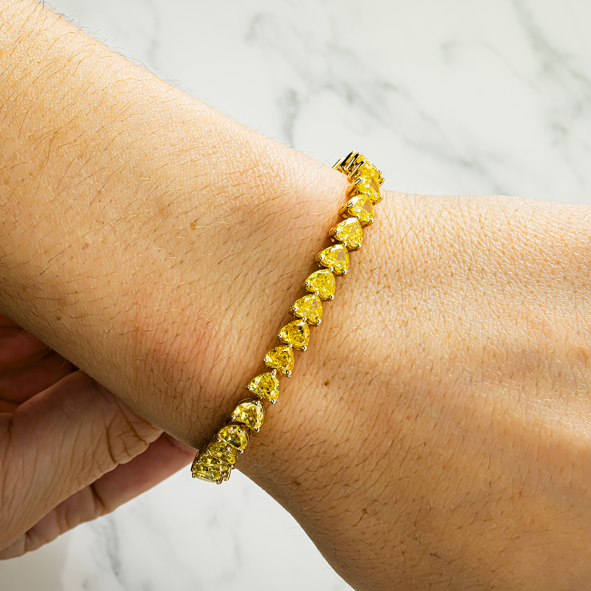 14K Yellow Gold Fancy Yellow Heart Cut Diamond Bracelet 19.10ct
