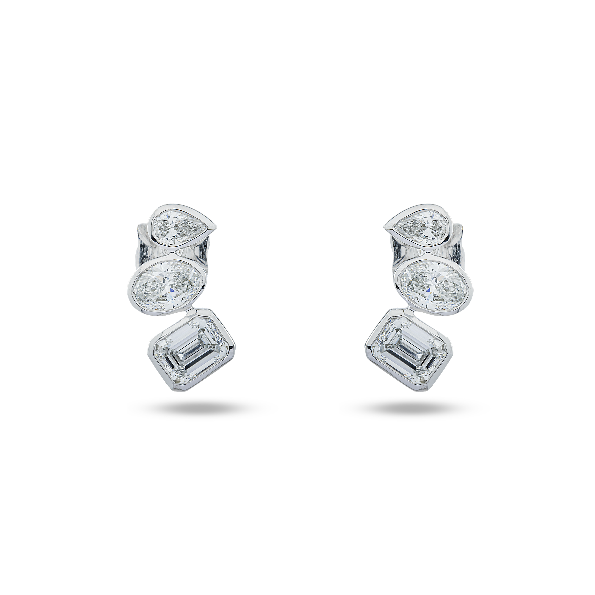 14K White Gold  Bezel Set Triple Diamond Stud Earrings 3.43ctw