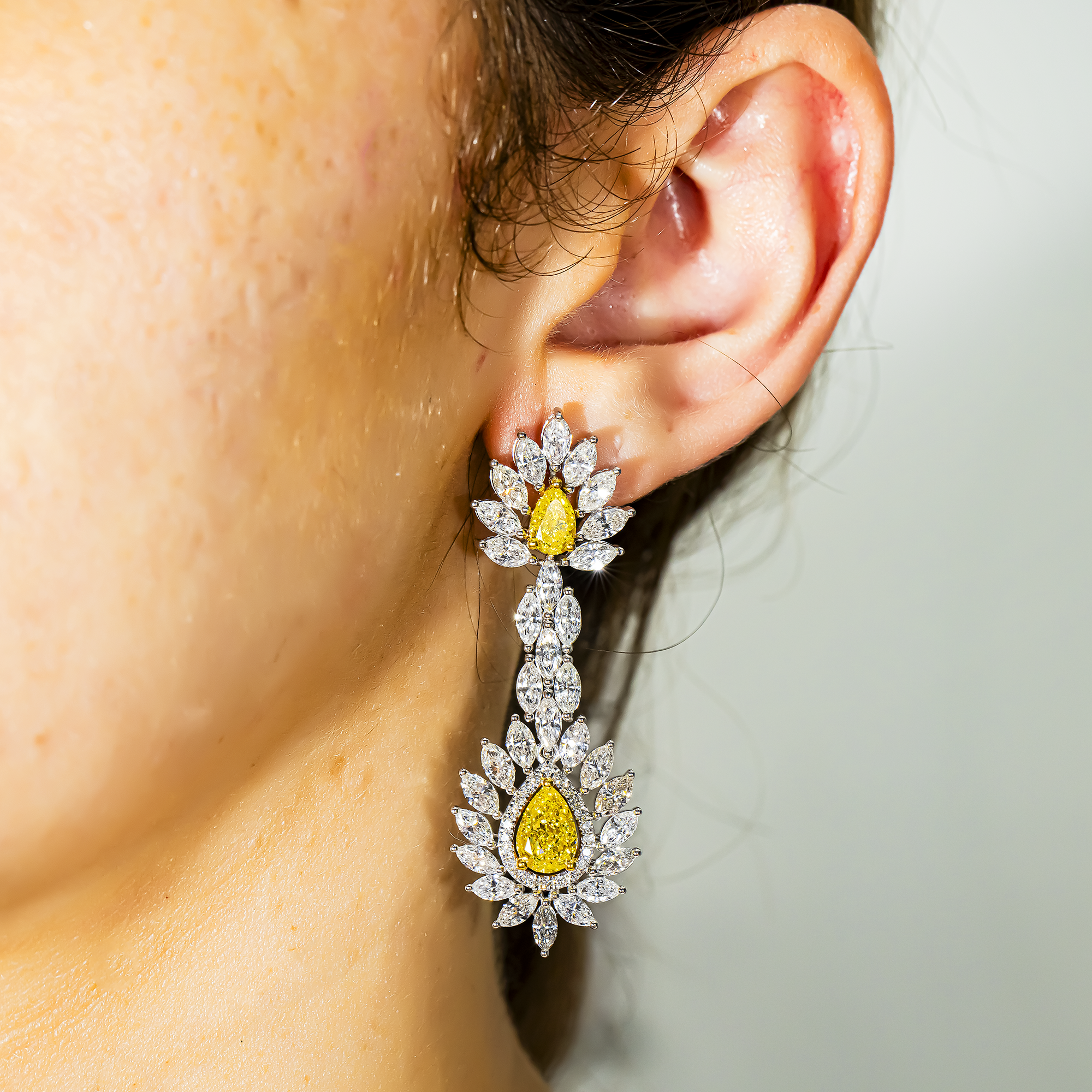 14K White Gold Multi Cut Fancy Yellow Drop Earrings 13.64ctw