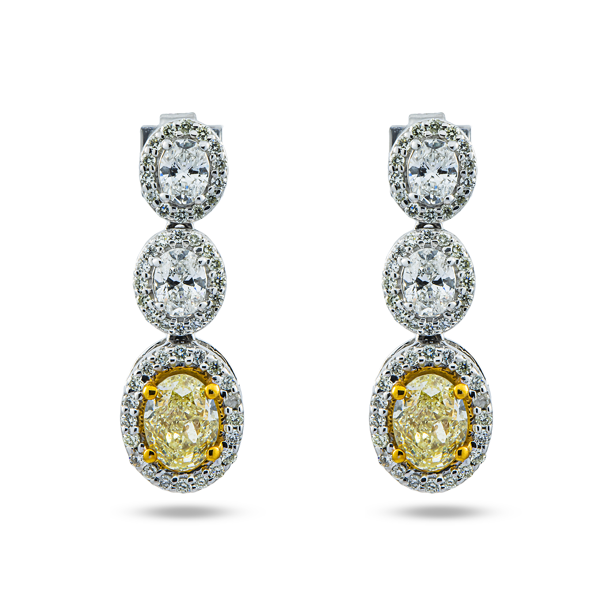 14K White Gold Fancy Yellow & White Oval Cut Diamond Drop Earrings 3.05ctw