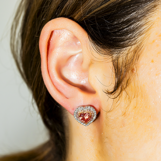 14K Two Tone Fancy Pink Heart Shape Diamond Stud Earrings W/ Halo 2.97ctw