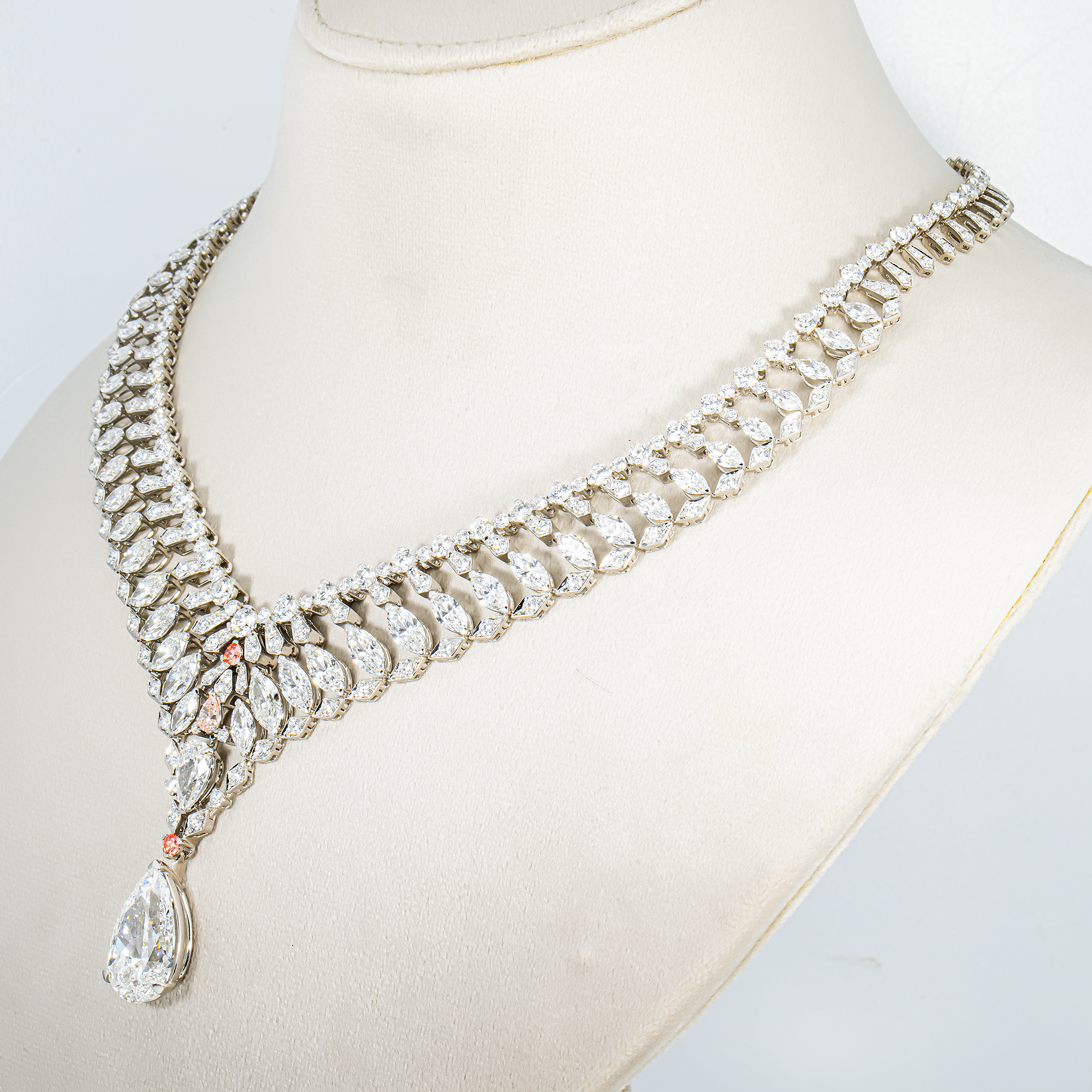 IGI 18K White Gold Fancy Pink & White Multi Cut Diamond Drop Necklace 52.20ct