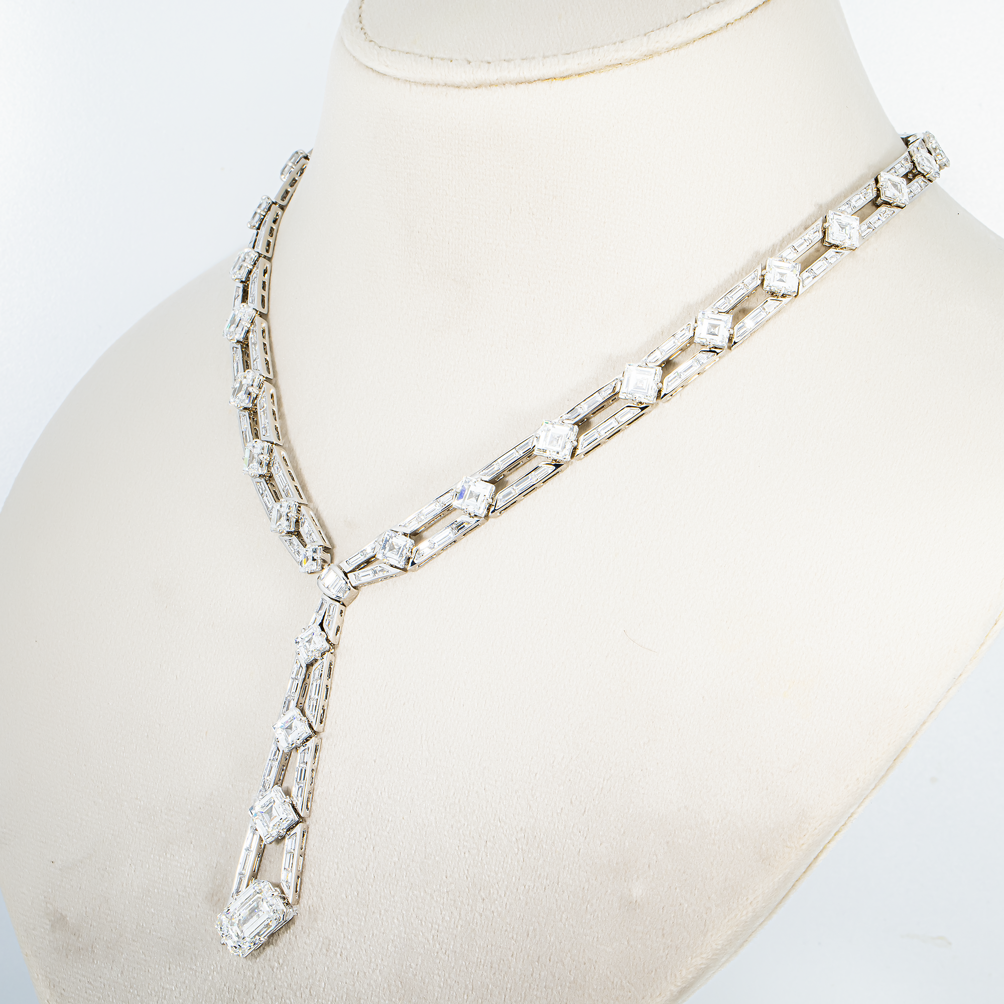 18K White Gold Asscher & Emerald Diamond Drop Necklace 52.25ct