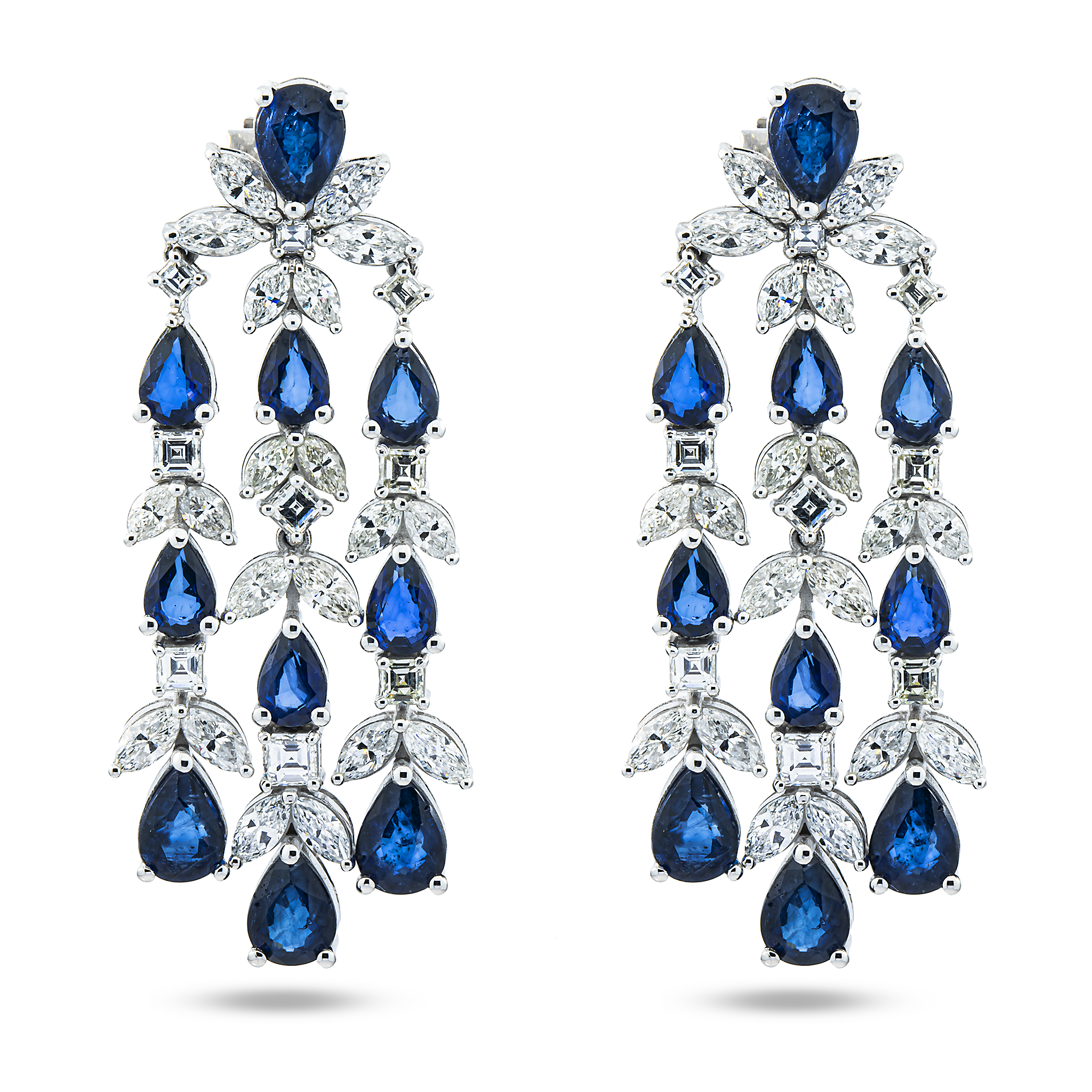 14K White Gold Three Tier Sapphire & Diamond Drop Earrings