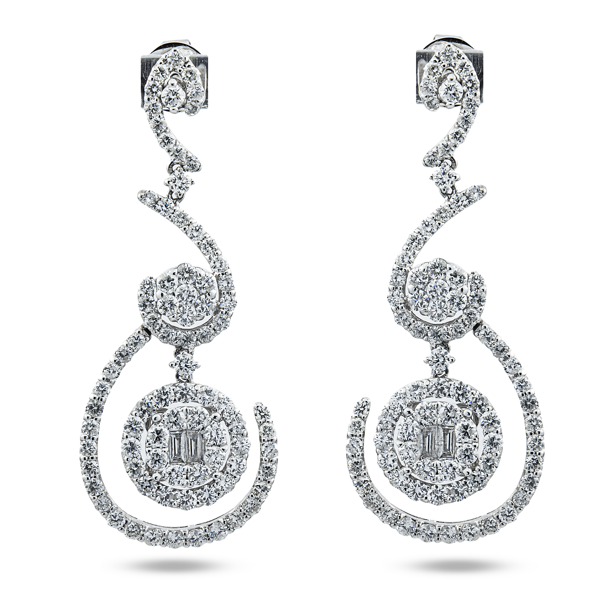 18K White Gold Artistic Round & Baguette Diamond Drop Earrings 5.13ctw