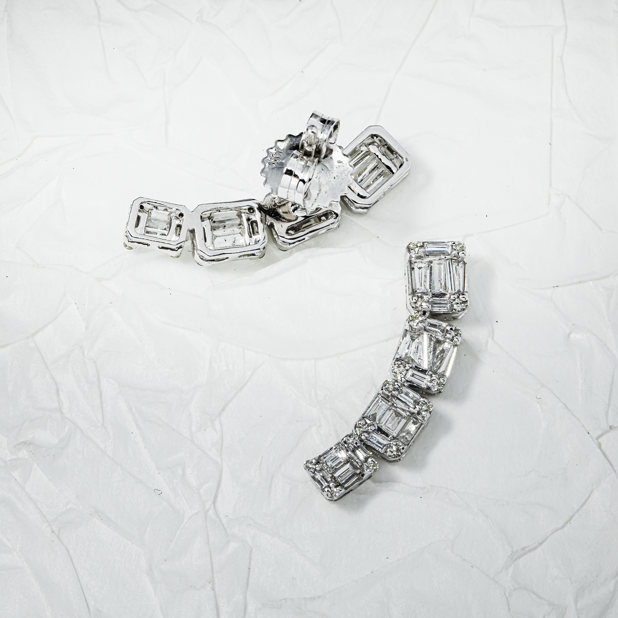 14K White Gold Four-Tiered Baguette Diamond Earrings 1.16ctw