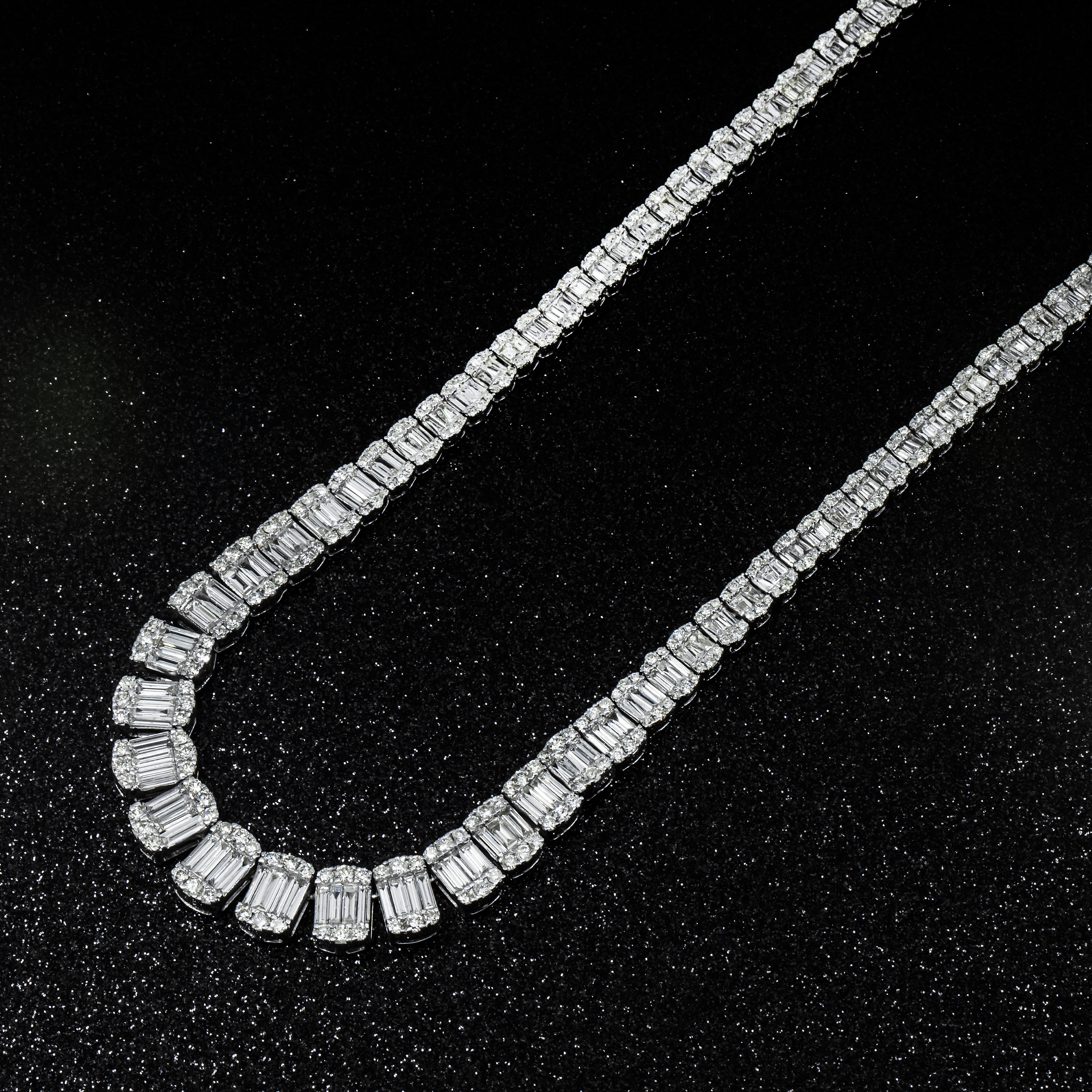 14K White Gold Graduated Baguette Diamond Chain 23.60Ct Necklace