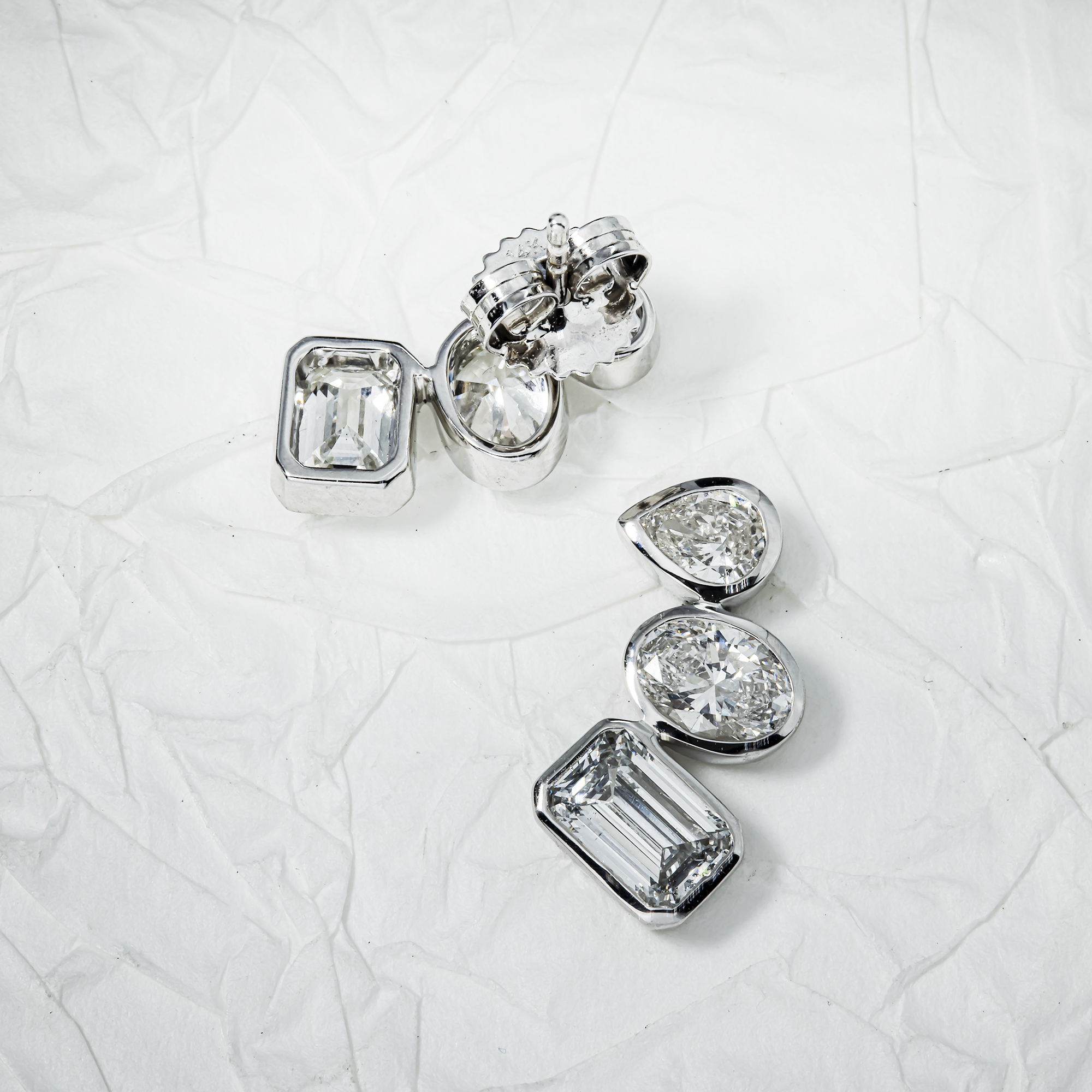 14K White Gold  Bezel Set Triple Diamond Stud Earrings 3.43ctw