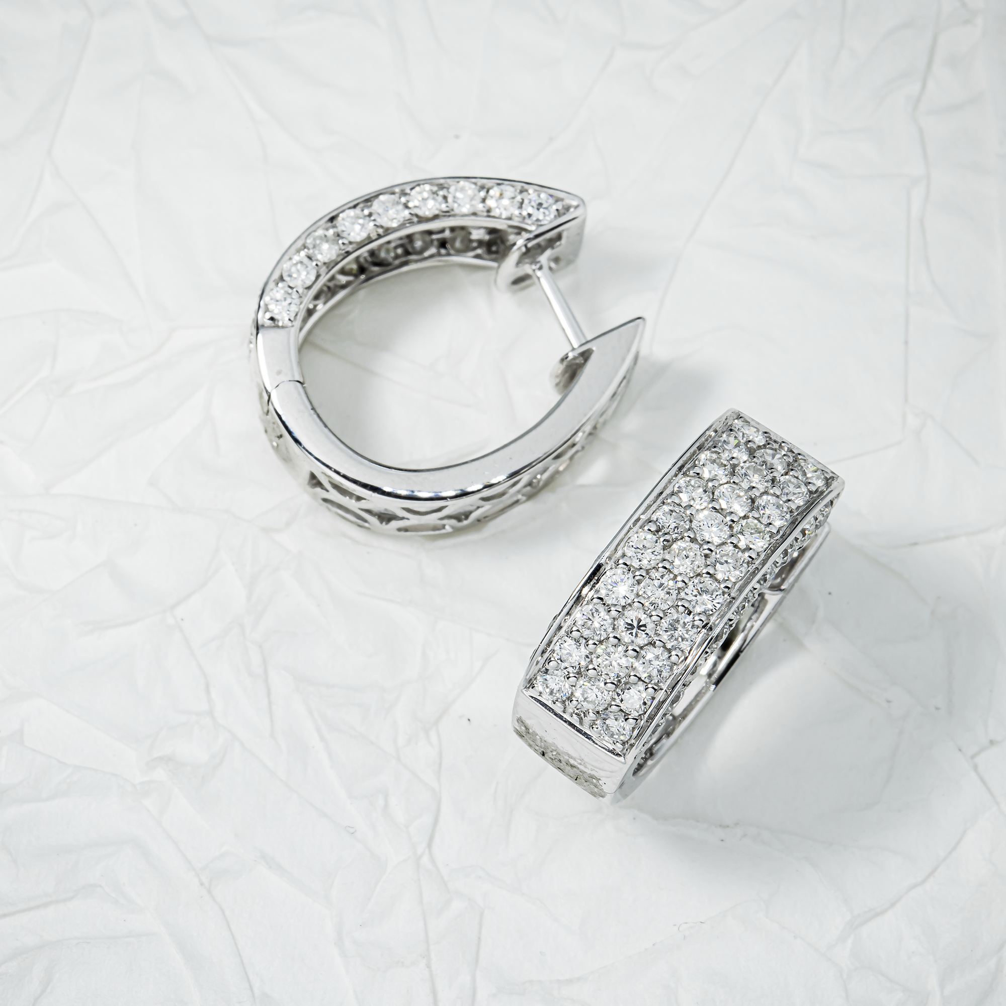 14K White Gold Round Pave Diamond Huggie Earrings 2.36ctw