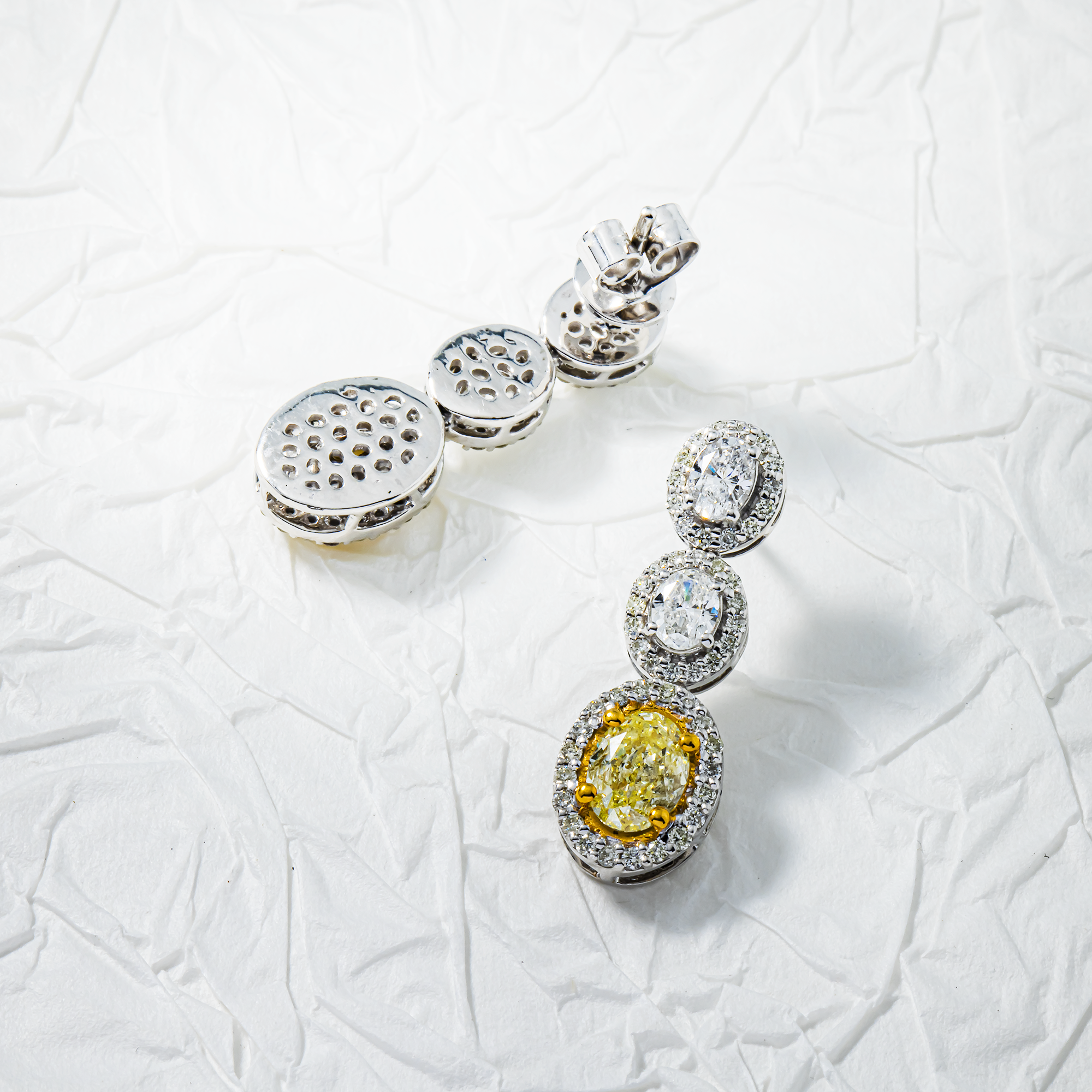 14K White Gold Fancy Yellow & White Oval Cut Diamond Drop Earrings 3.05ctw