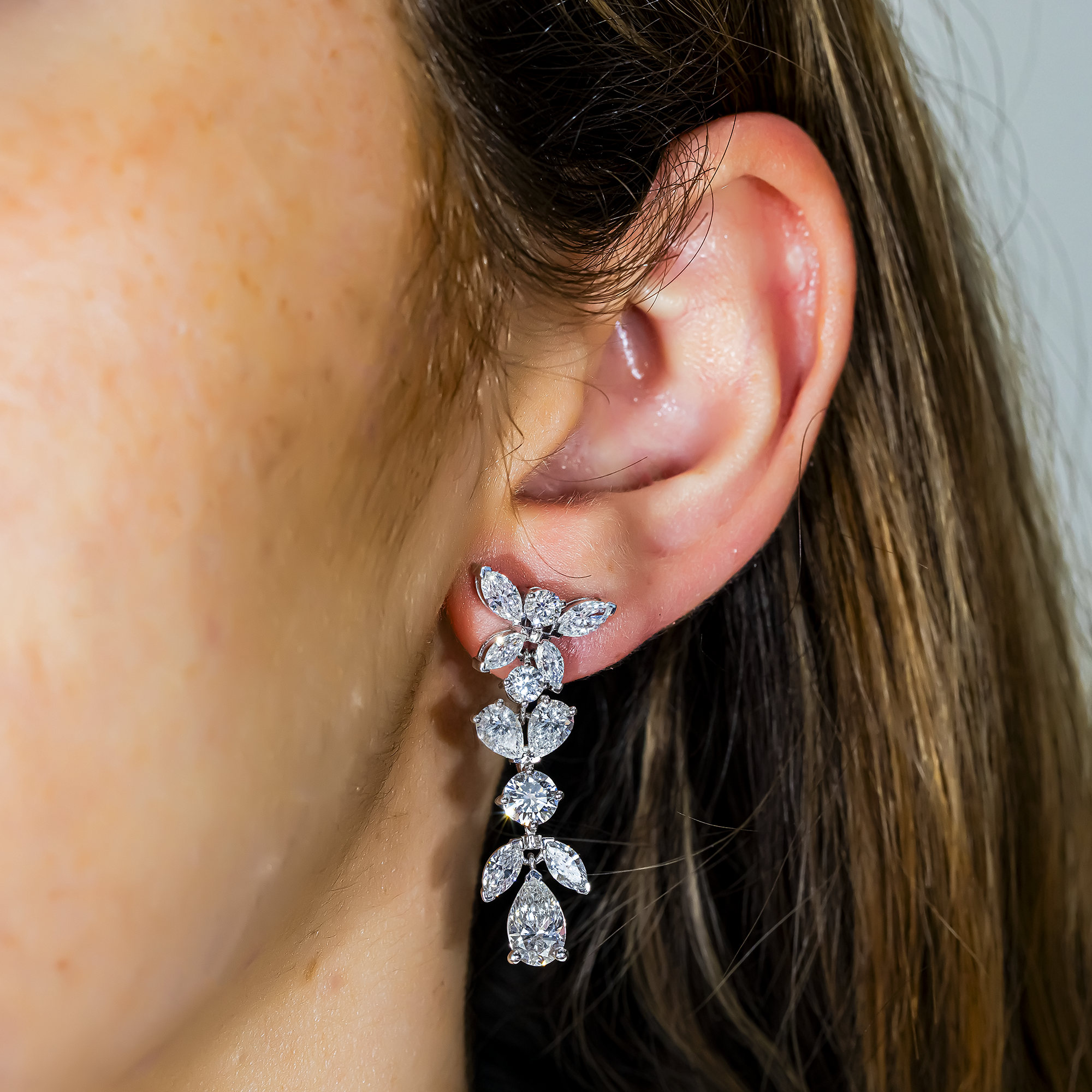 14K White Gold Marquise, Round & Pear Cut Diamond Drop Earrings 7.0ctw