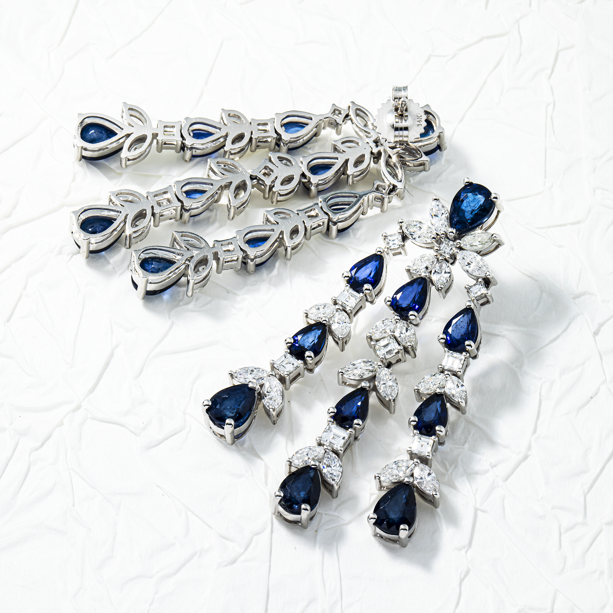 14K White Gold Three Tier Sapphire & Diamond Drop Earrings