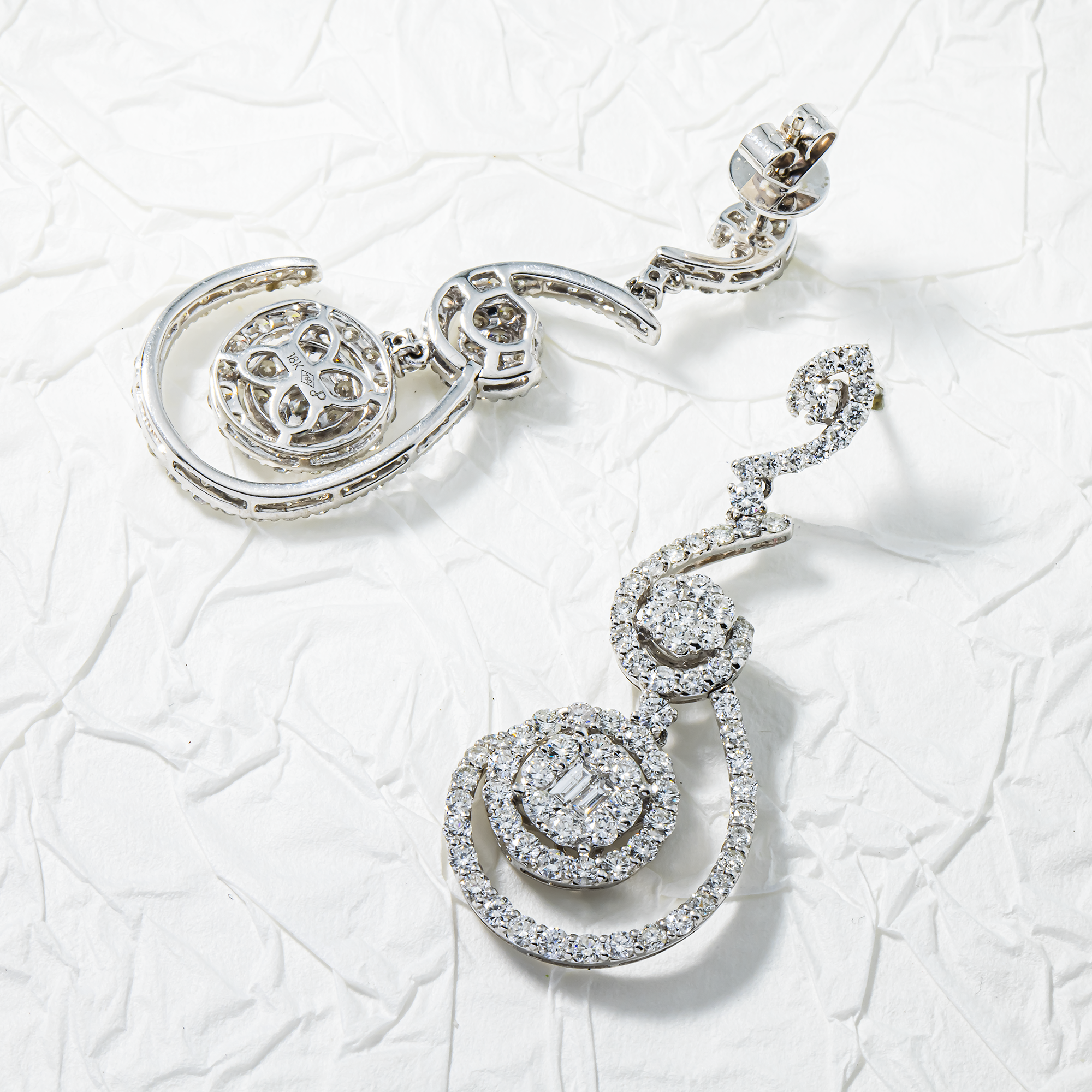 18K White Gold Artistic Round & Baguette Diamond Drop Earrings 5.13ctw