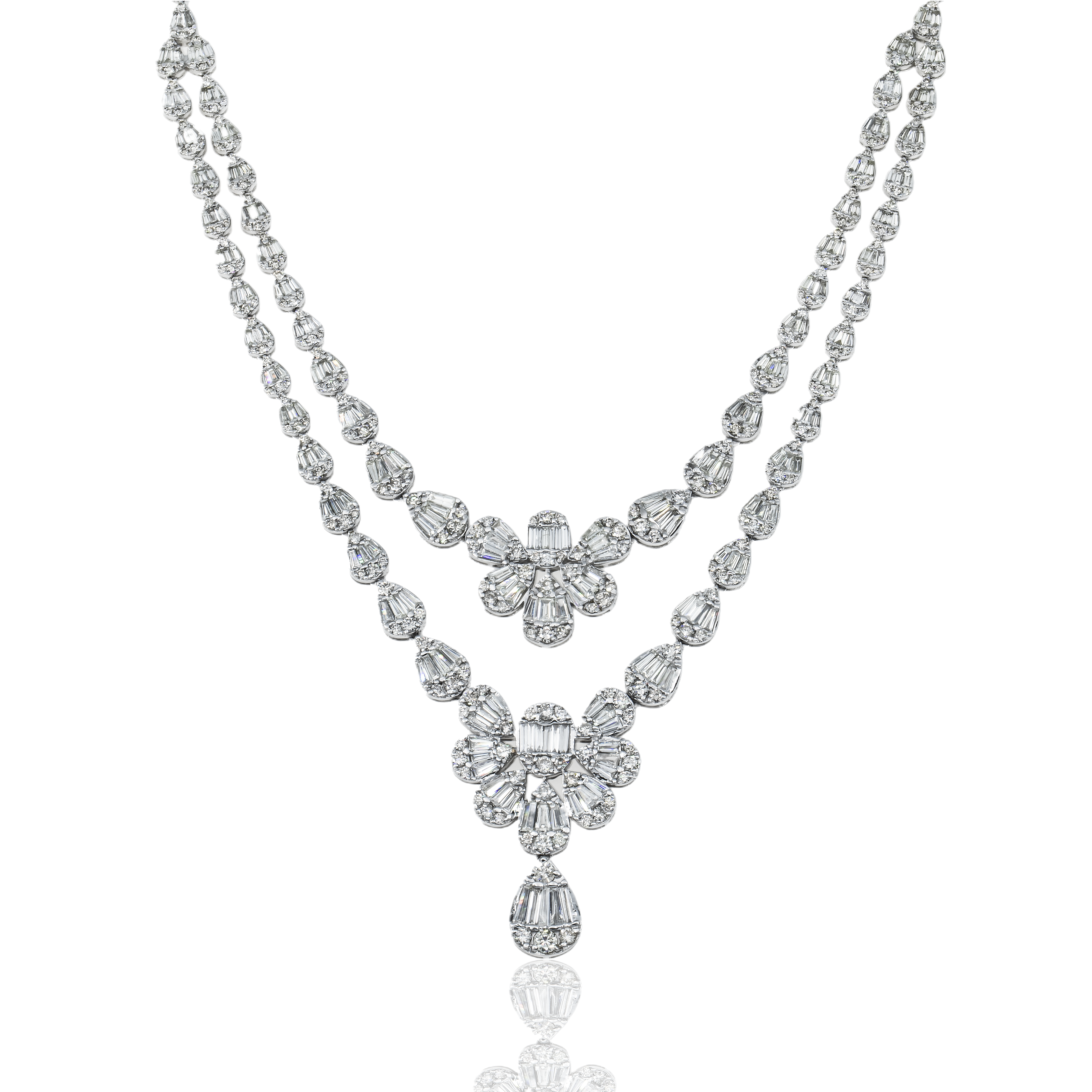 14K White Gold Double Row Diamond Drop Necklace 24.56Ct Necklace