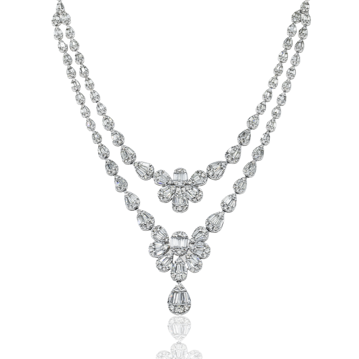 14K White Gold Double Row Diamond Drop Necklace 24.56ct