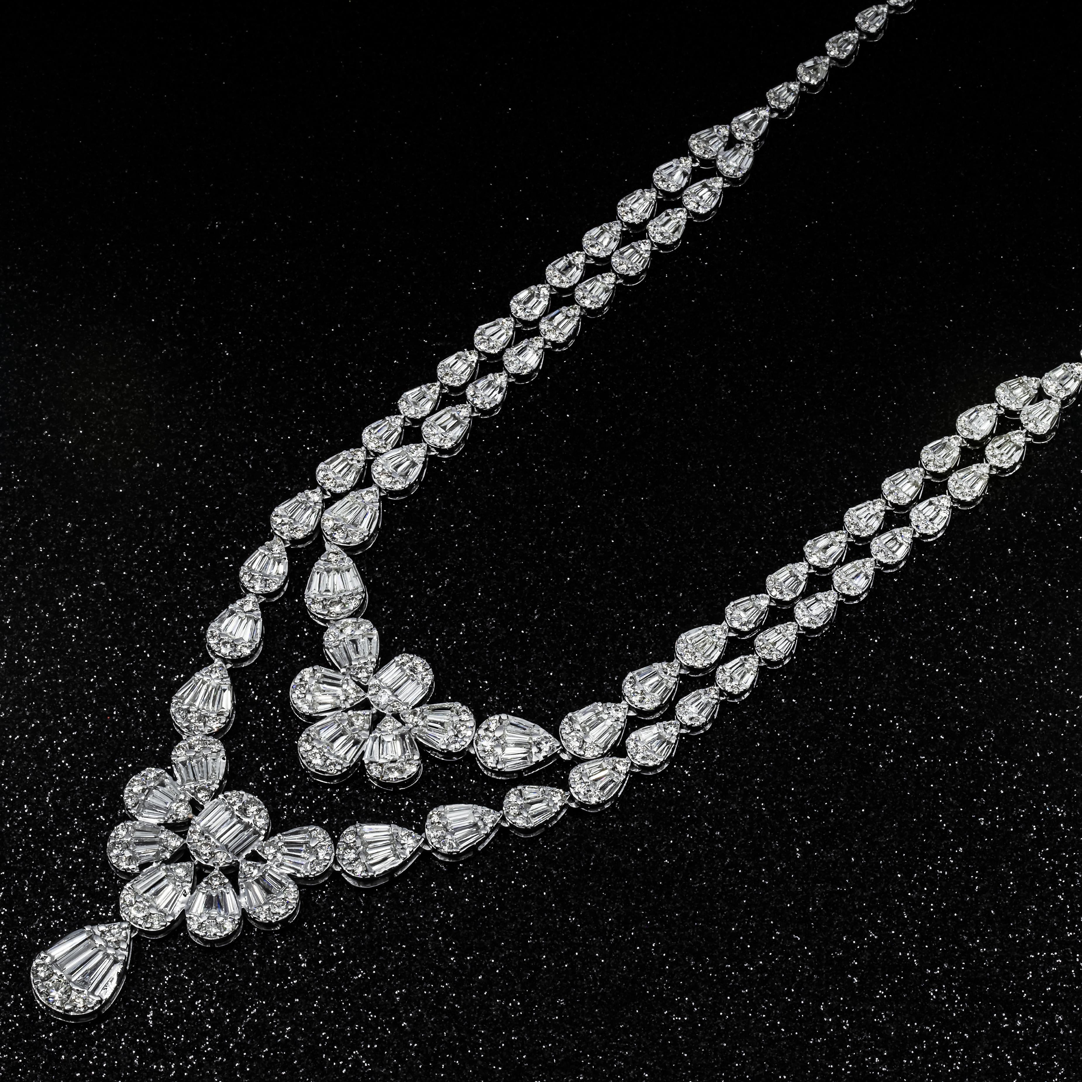 14K White Gold Double Row Diamond Drop Necklace 24.56Ct Necklace