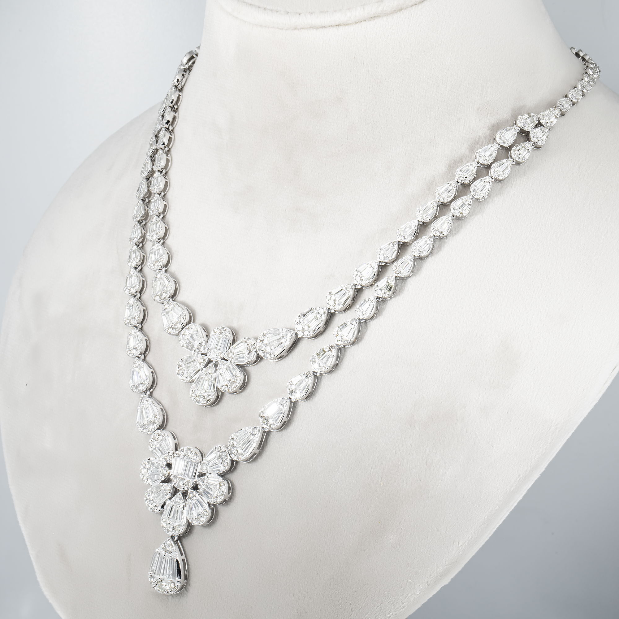 14K White Gold Double Row Diamond Drop Necklace 24.56Ct Necklace