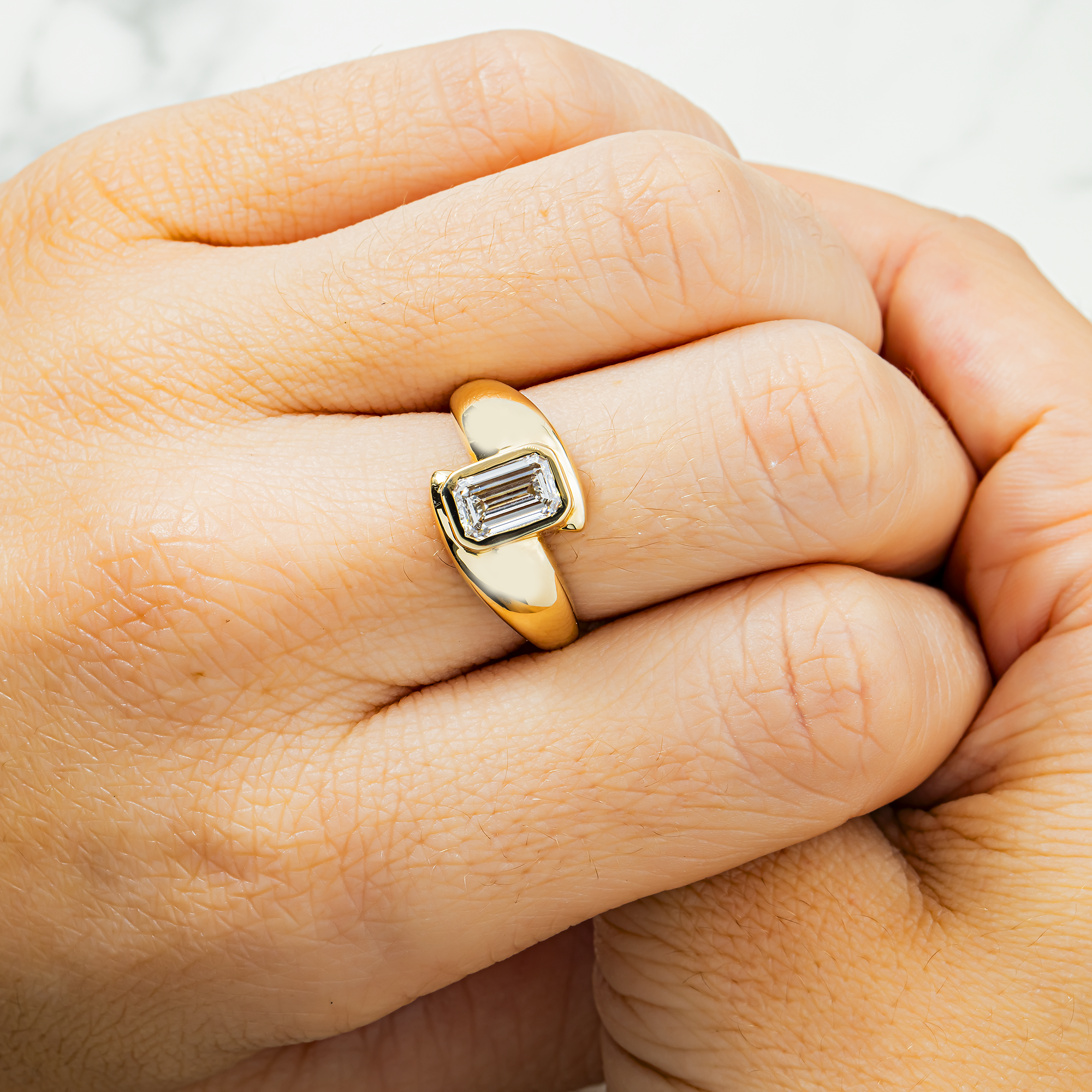 14K Yellow Gold Emerald Bezel Set Diamond Ring 1.13ct