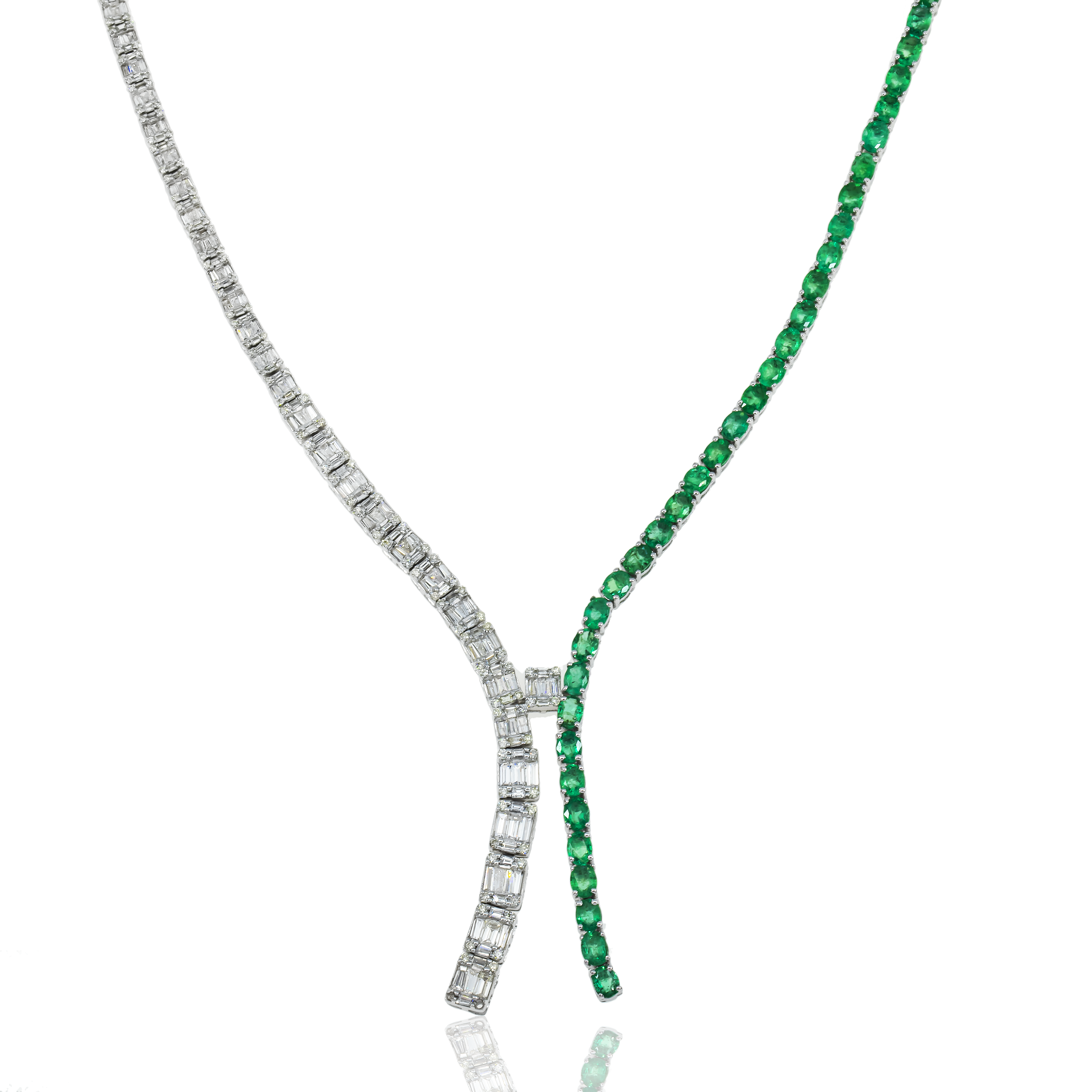 14K White Gold Oval Cut Emerald & Diamond Drop Necklace Necklace