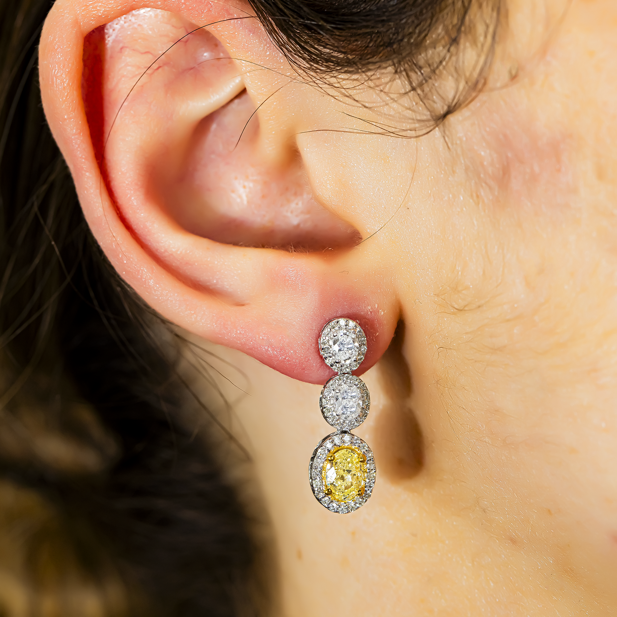 14K White Gold Fancy Yellow & White Oval Cut Diamond Drop Earrings 3.05ctw