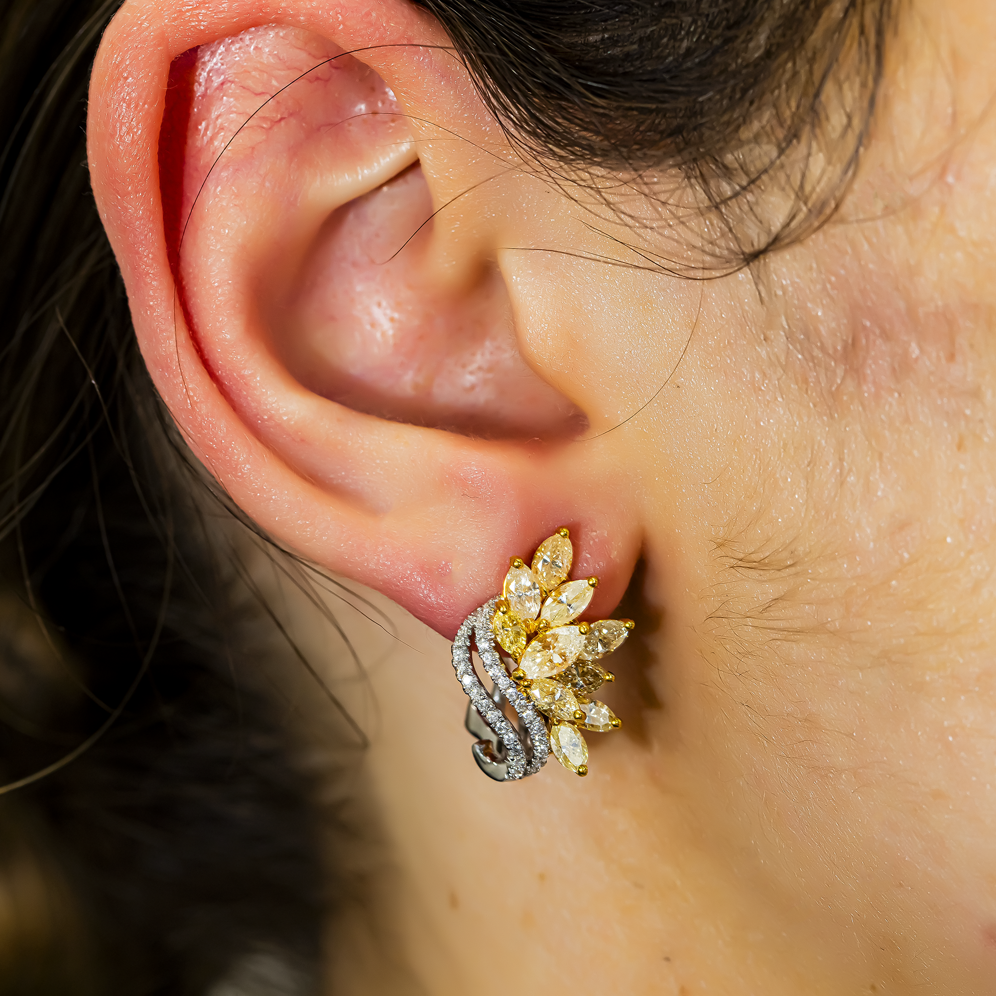 14K Two Tone Marquise Canary Yellow Diamond Stud Earrings 3.65ctw