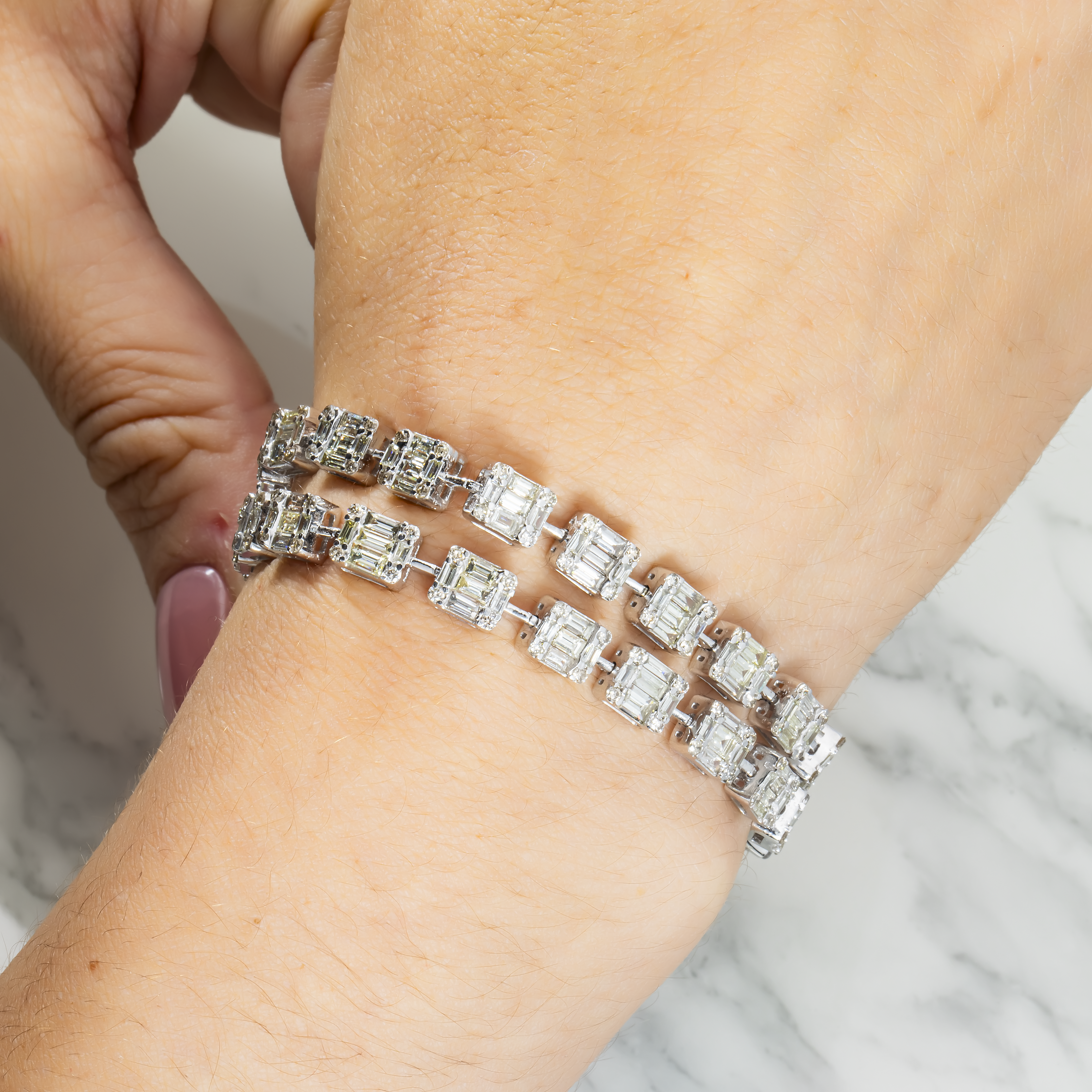 14K White Gold Double Row Baguette Diamond Bracelet 11.70Ct Bracelets