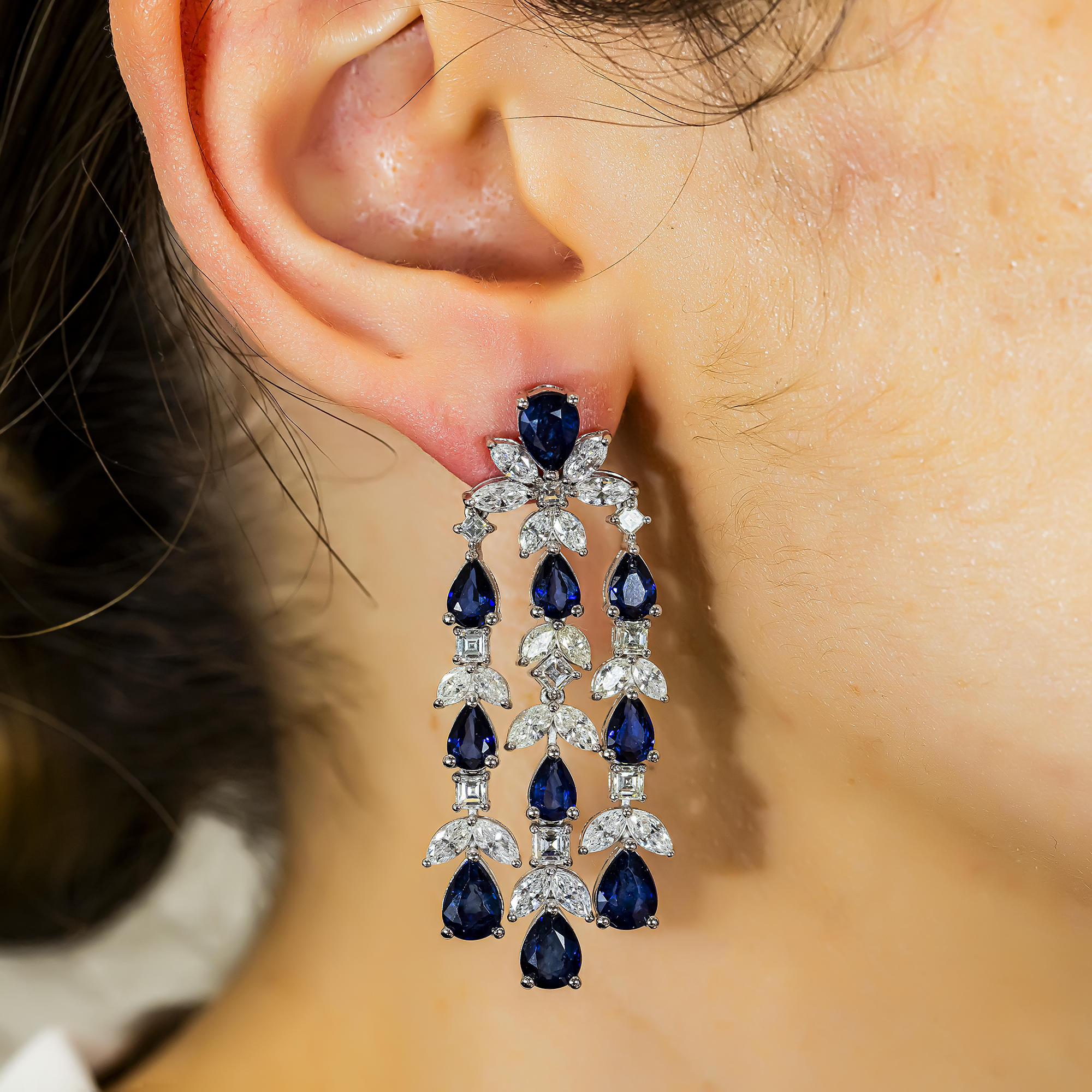 14K White Gold Three Tier Sapphire & Diamond Drop Earrings
