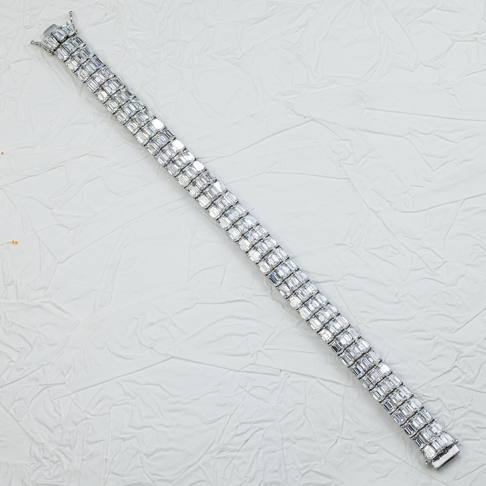 White Gold Triple Row Emerald Diamond Bracelet 23.38ct