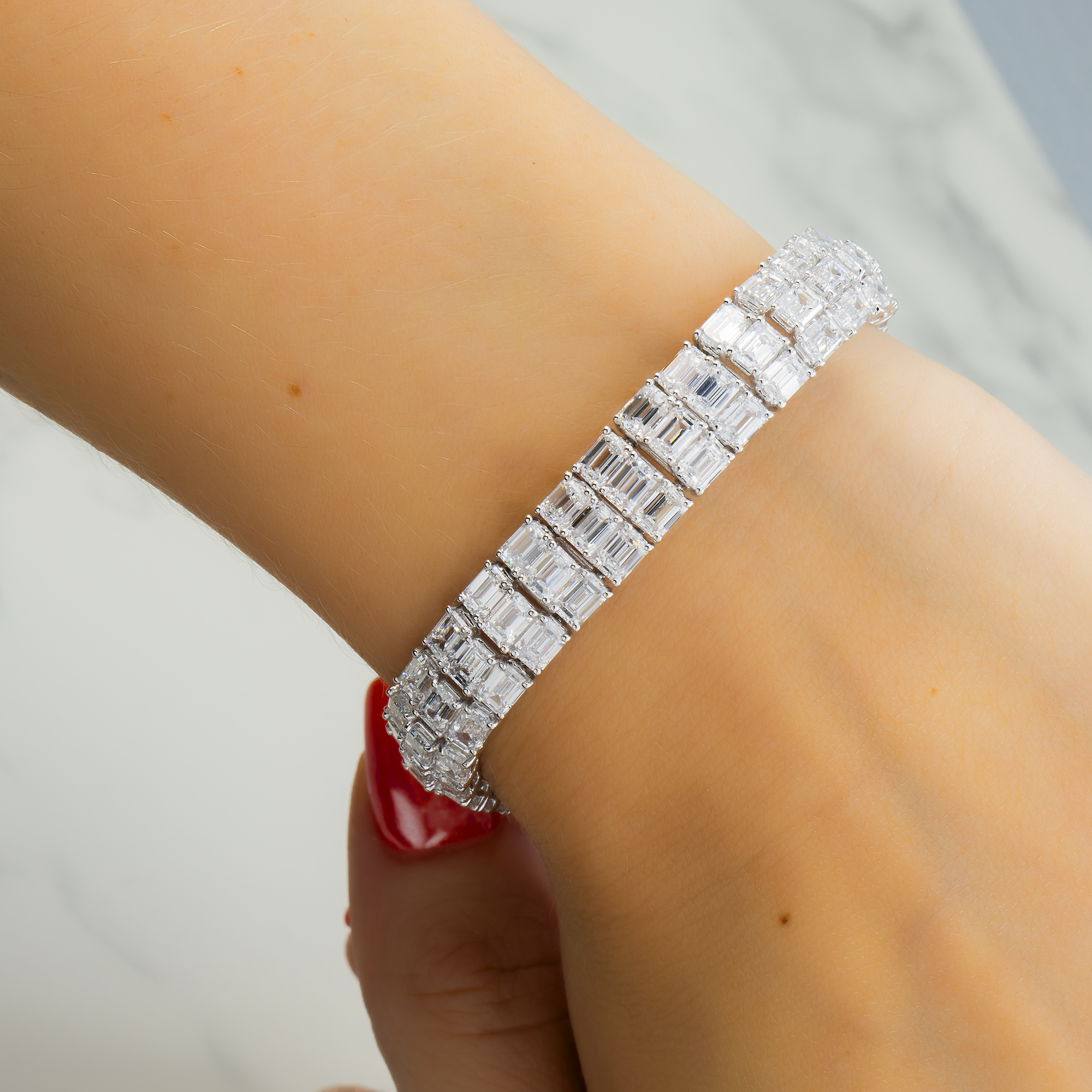 White Gold Triple Row Emerald Diamond Bracelet 23.38ct