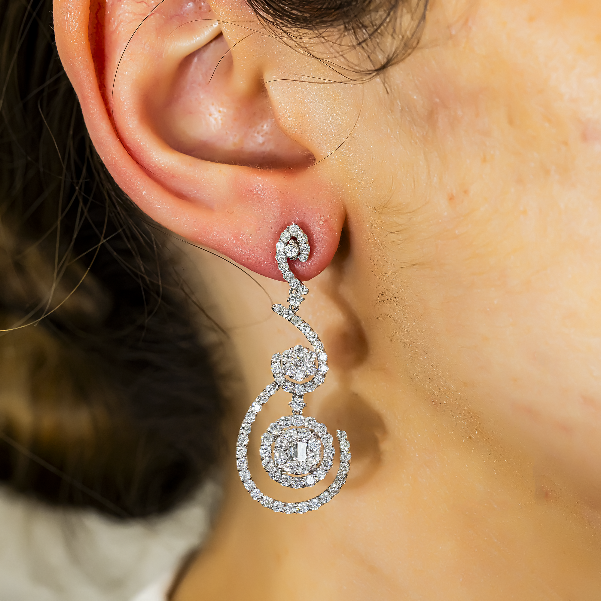 18K White Gold Artistic Round & Baguette Diamond Drop Earrings 5.13ctw