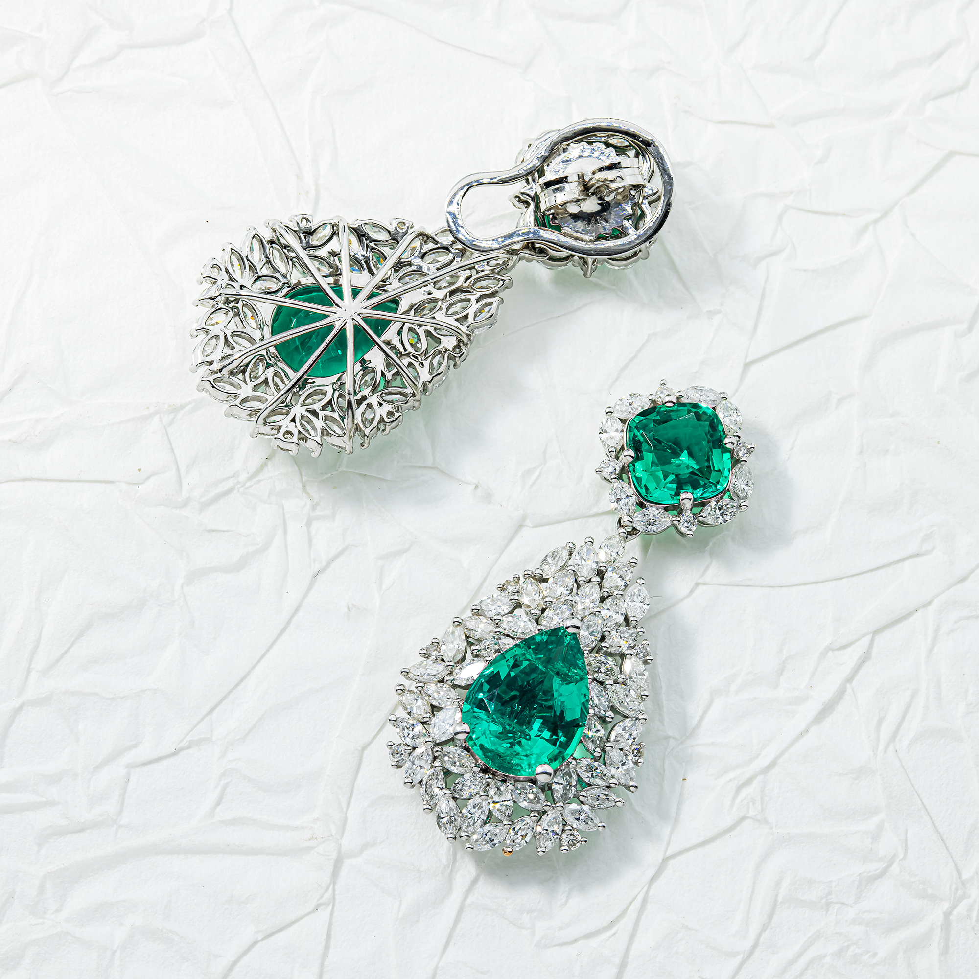 14K White Gold Emerald & Diamond Multi Shape Drop Earrings 11.06ctw