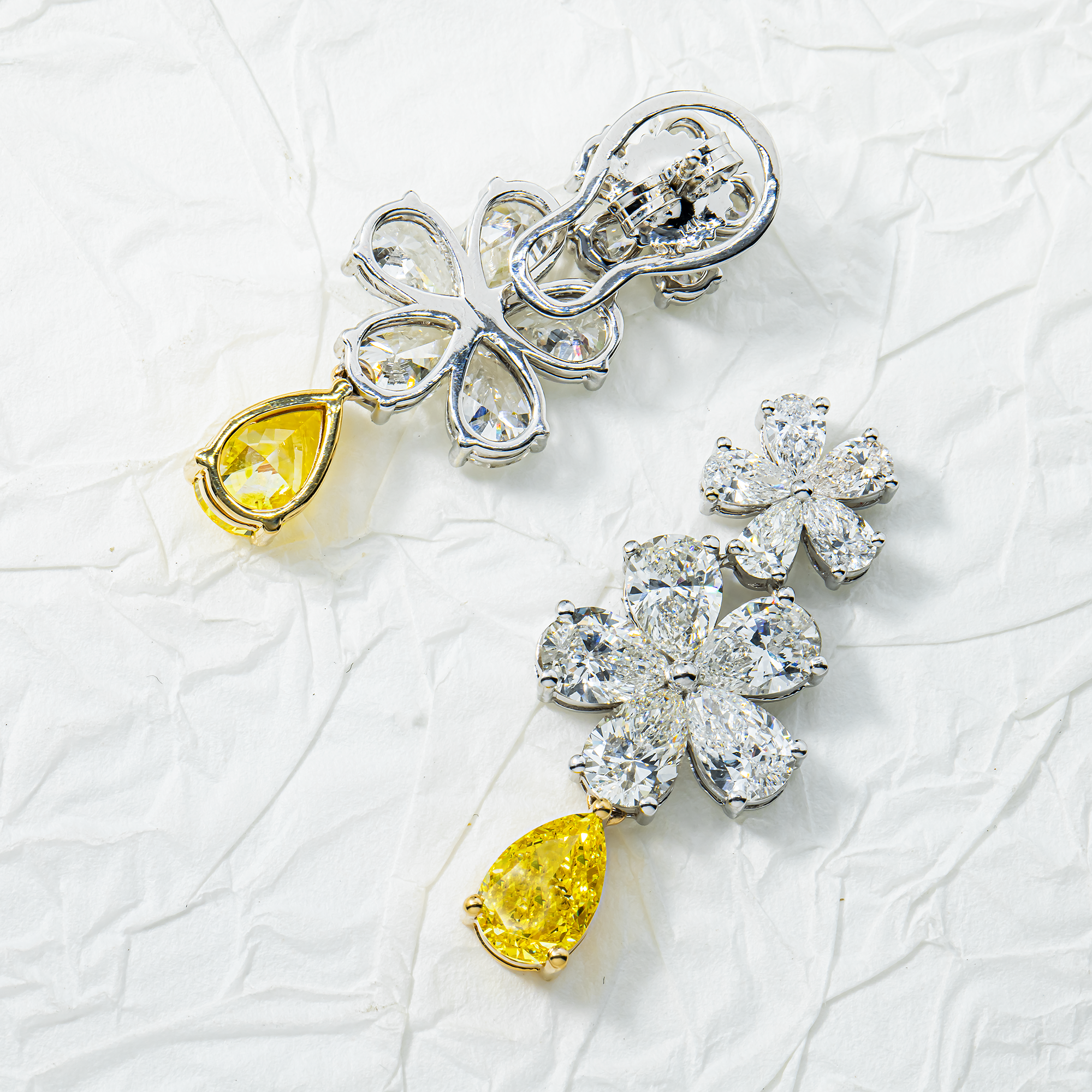 14K White Gold Pear Fancy Yellow & White Diamond Flower Drop Earrings 14.45ctw