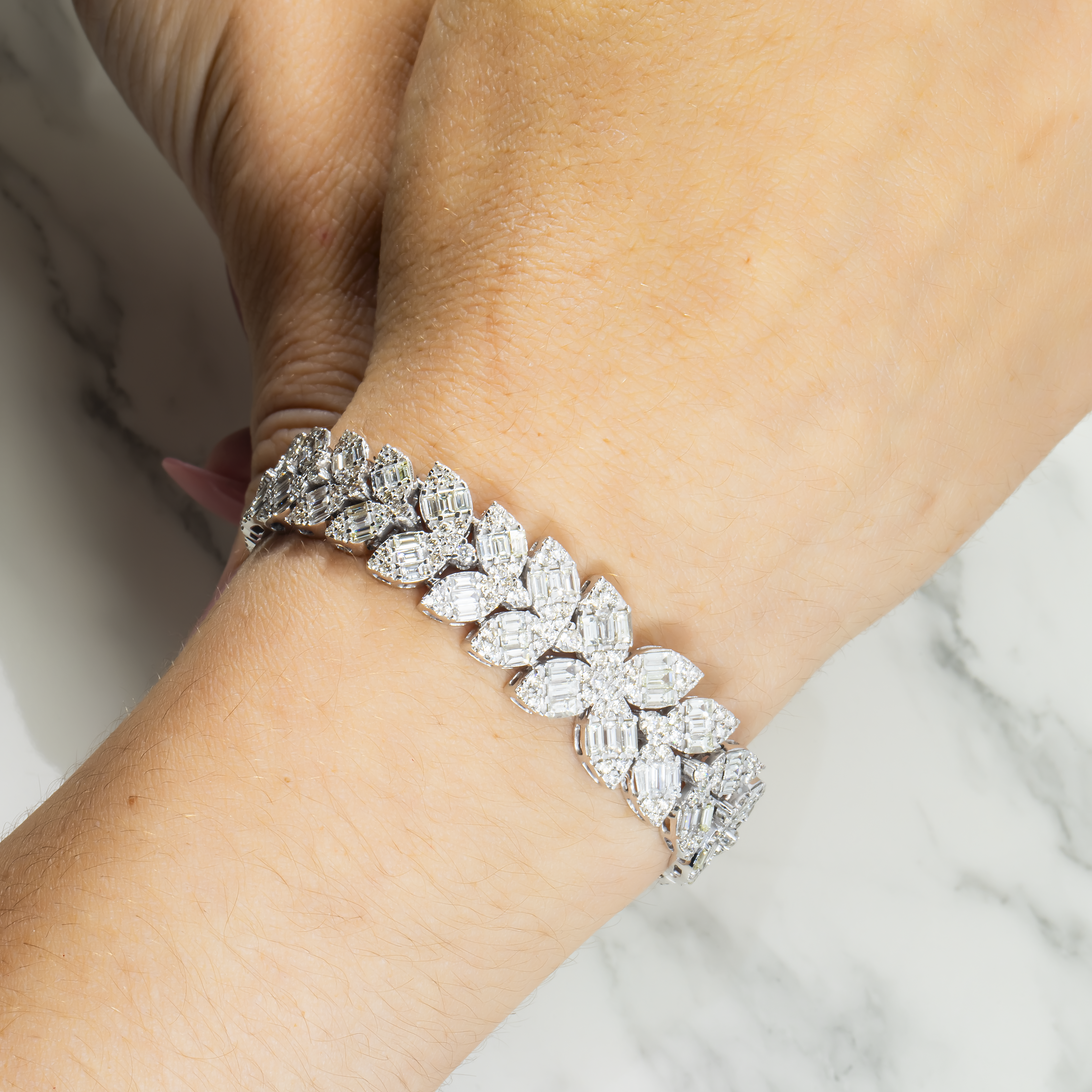 14K White Gold Petal Vine Diamond Bracelet 10.10Ct Bracelets