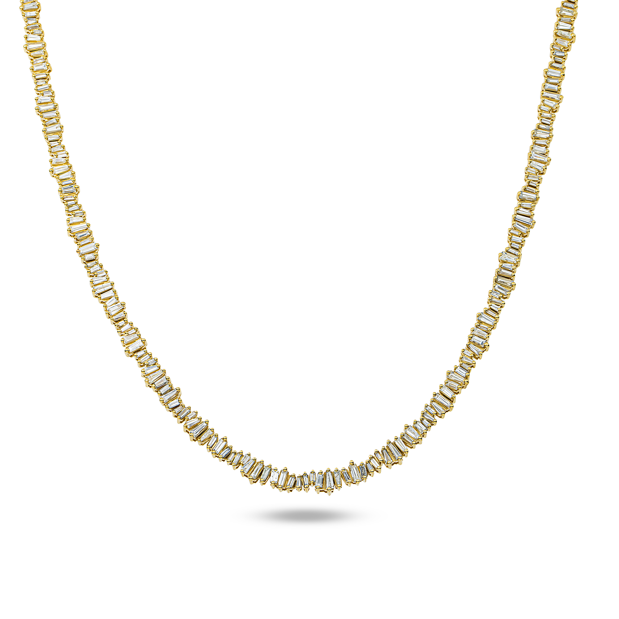 14K Yellow Gold Baguette Diamond Tennis Necklace 7.02ct