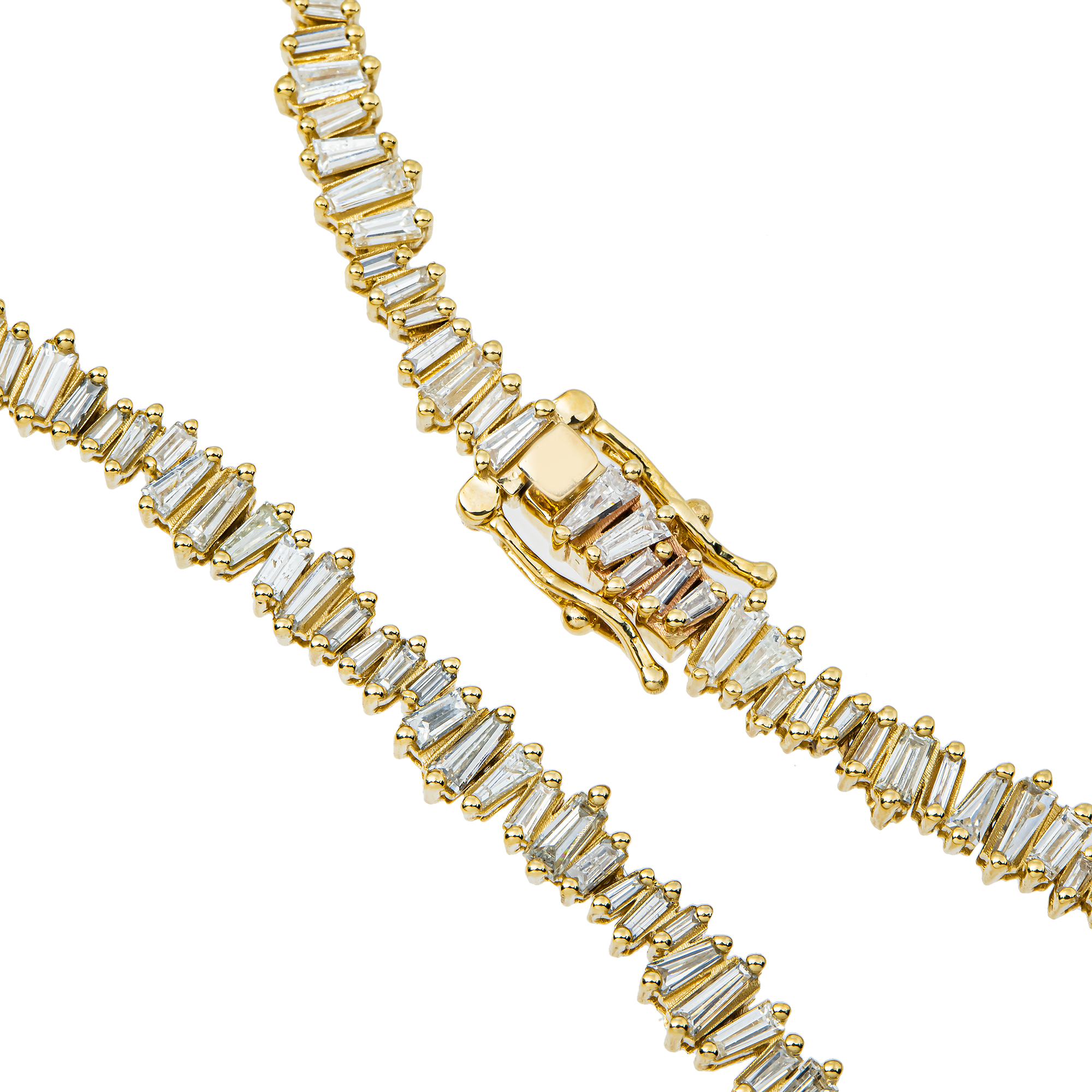 14K Yellow Gold Baguette Diamond Tennis Necklace 7.02ct
