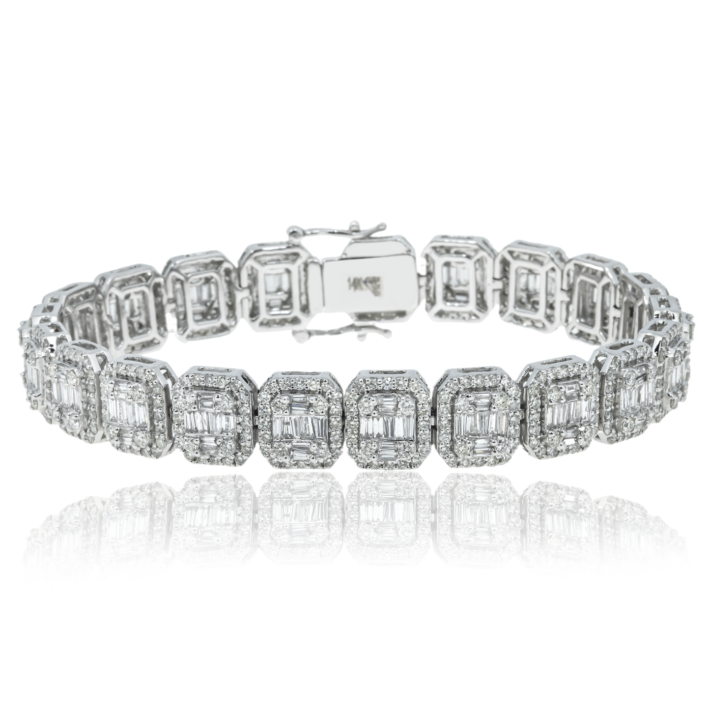 14K White Gold Square Link Baguette Diamond Bracelet 8.73ct