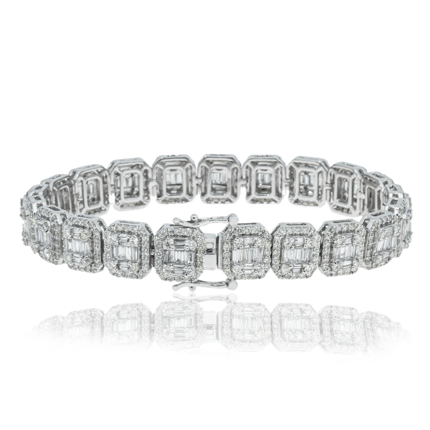 14K White Gold Square Link Baguette Diamond Bracelet 8.73ct