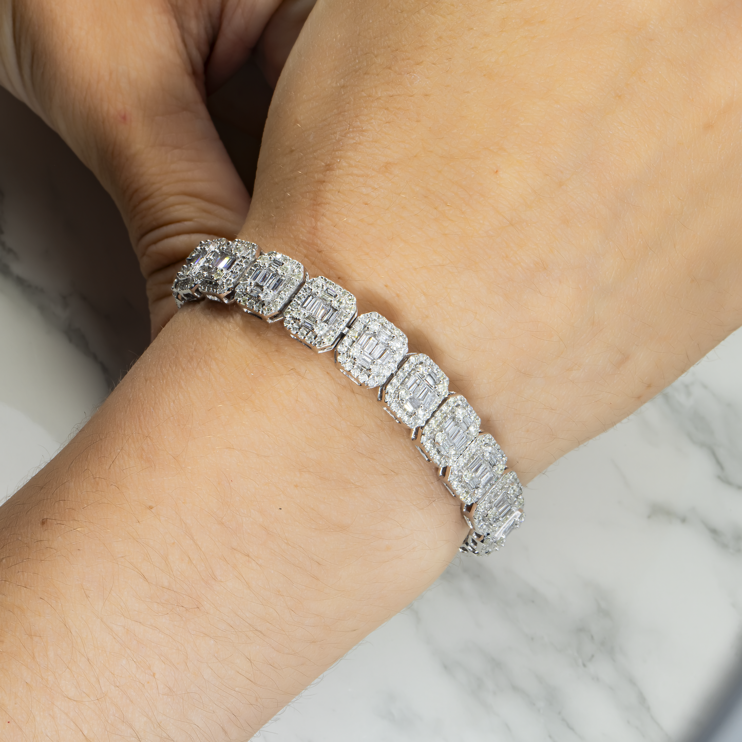 14K White Gold Square Link Baguette Diamond Bracelet 8.73ct