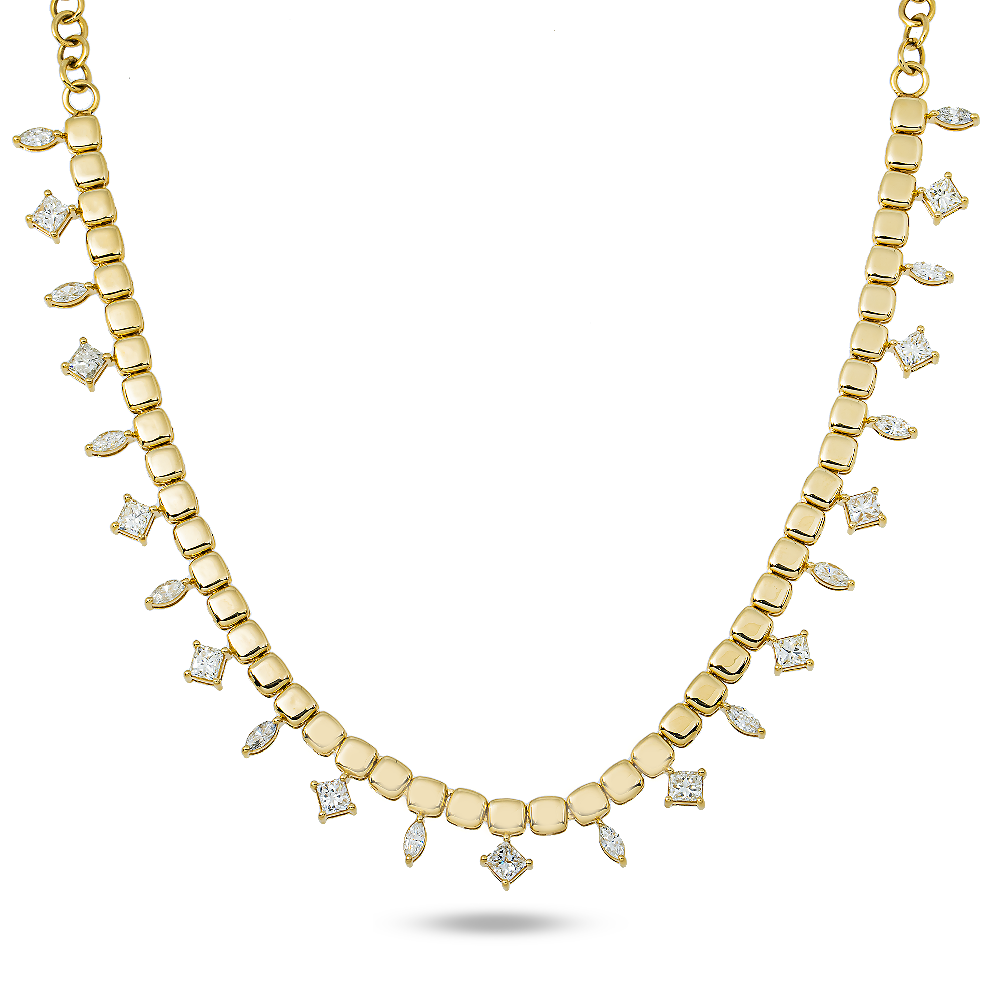 14K Yellow Gold Multi Shape Princess Diamond Necklace 4.38ct